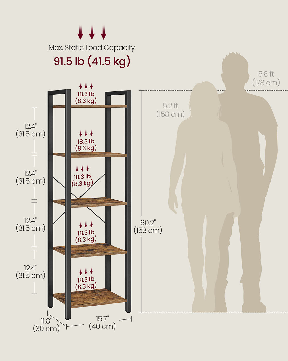 5-Tier Storage Rack - Steel Frame - Rustic Brown and Black - Durable Design for Everyday Use