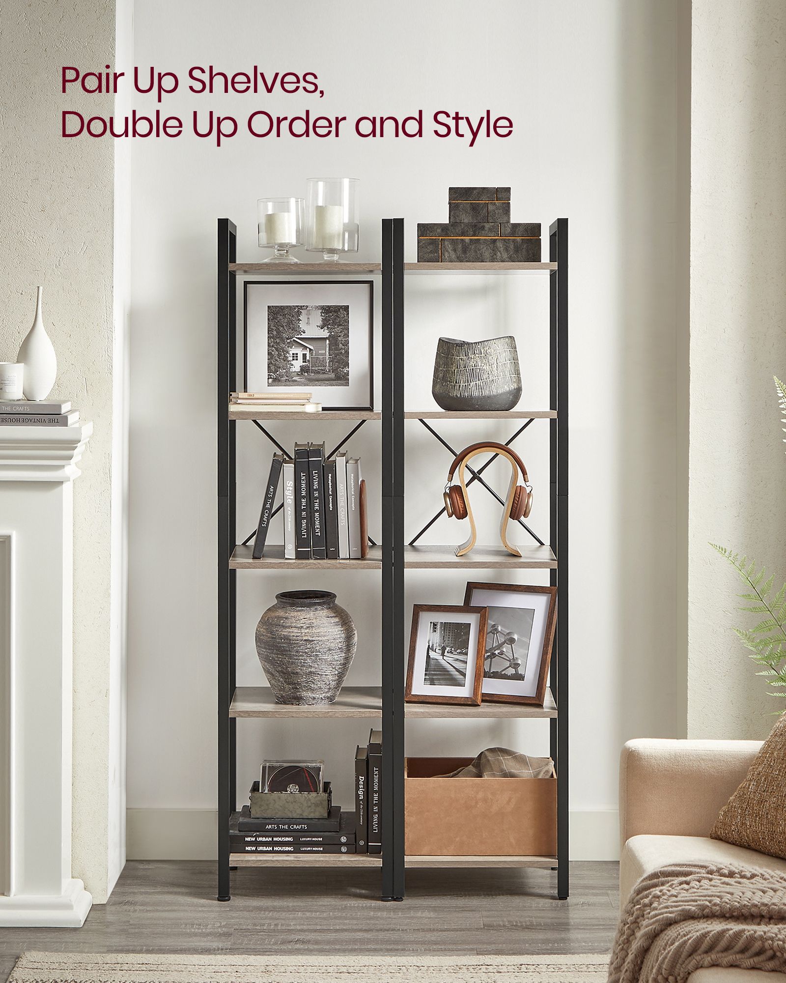 5-Tier Bookshelf - Steel Frame - Rustic Brown and Black