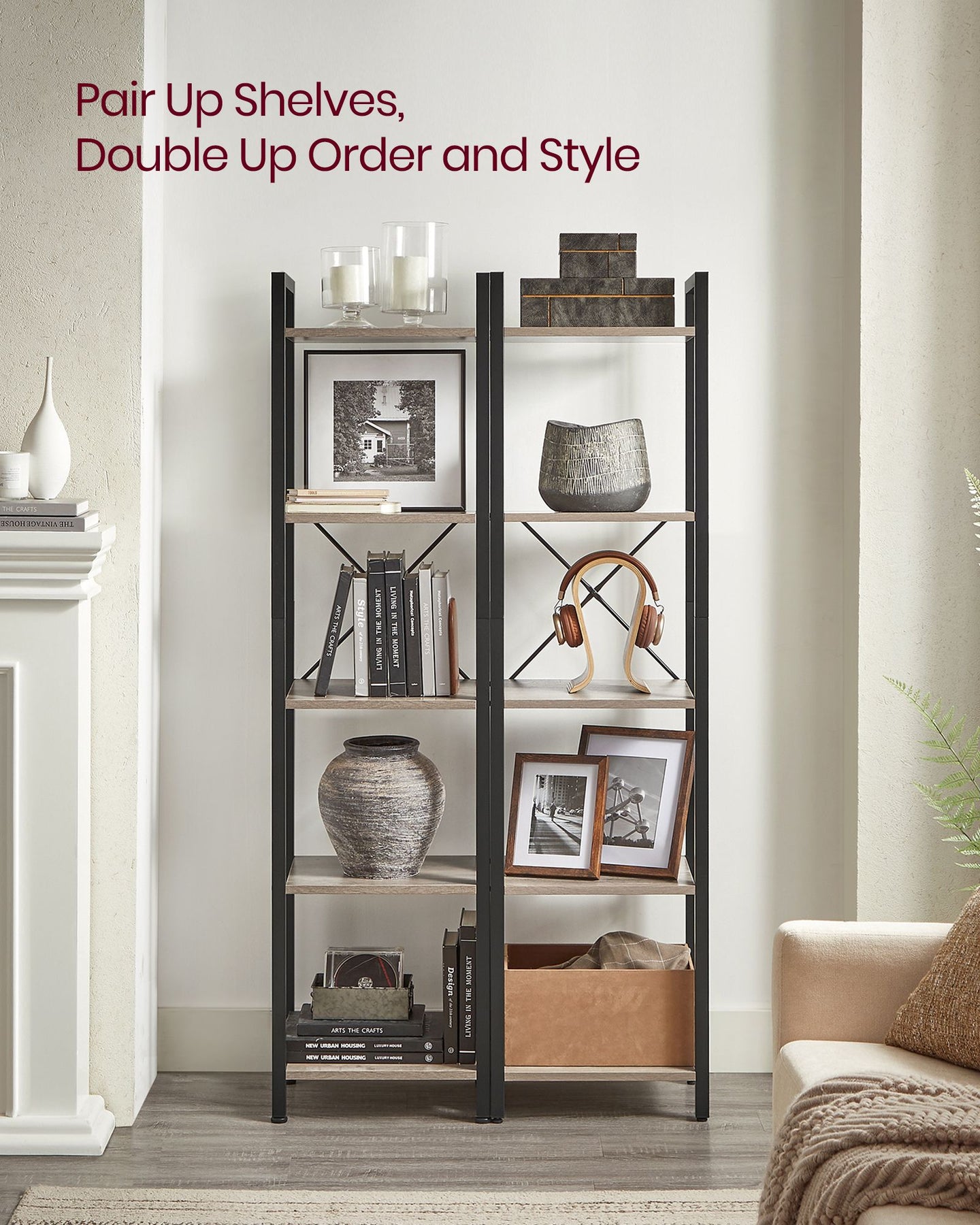 5-Tier Bookshelf - Steel Frame - Rustic Brown and Black