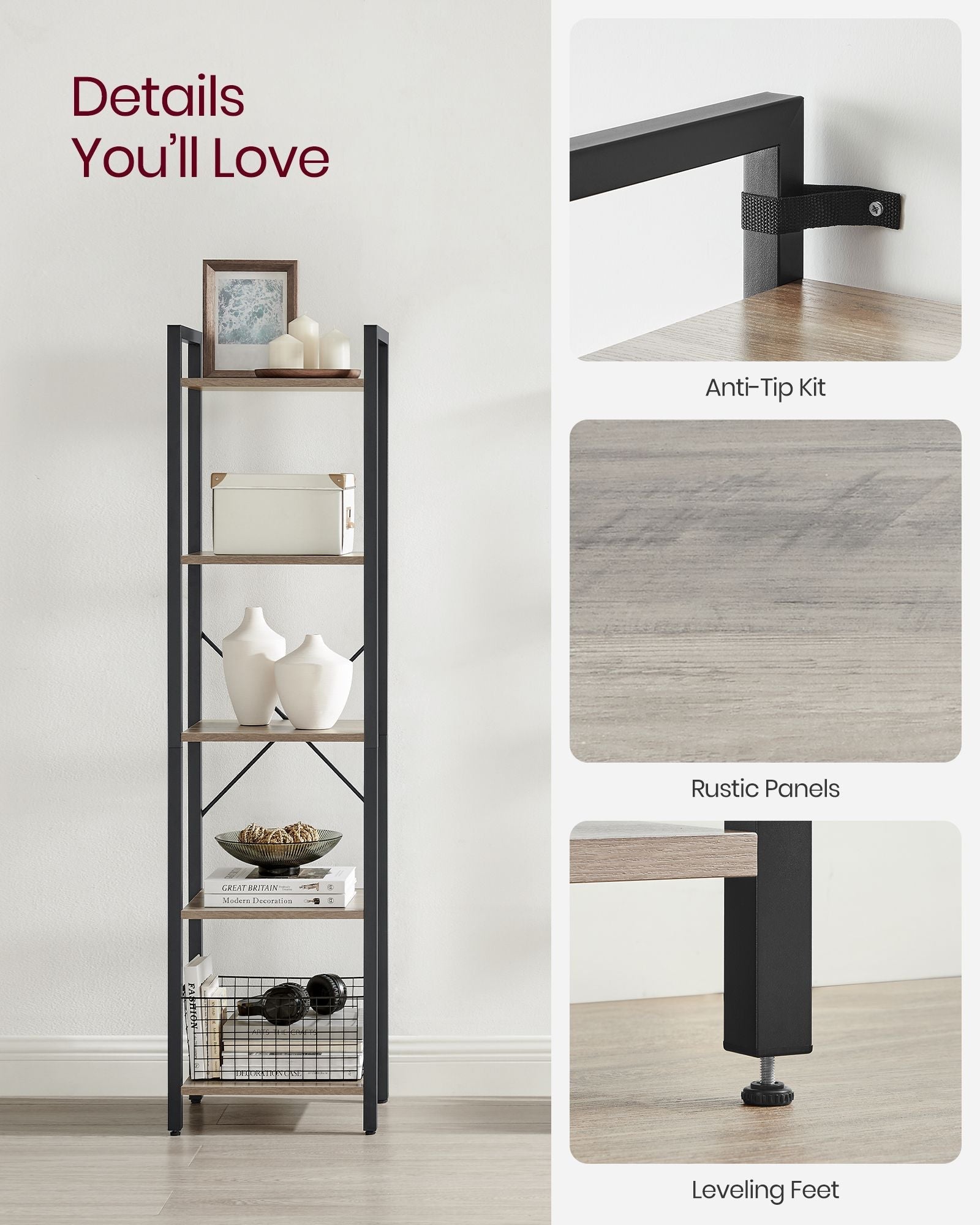 5-Tier Bookshelf - Steel Frame - Rustic Brown and Black