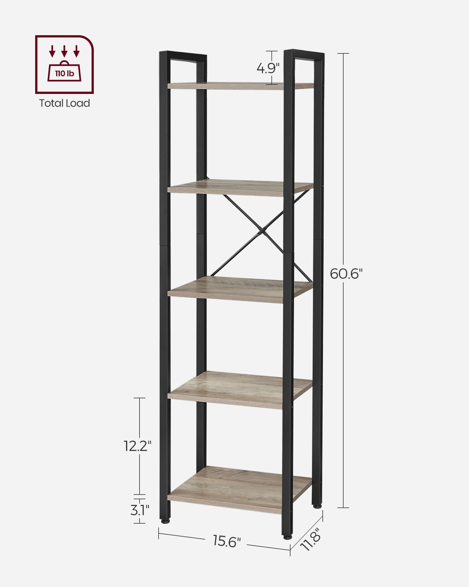 5-Tier Bookshelf - Steel Frame - Rustic Brown and Black
