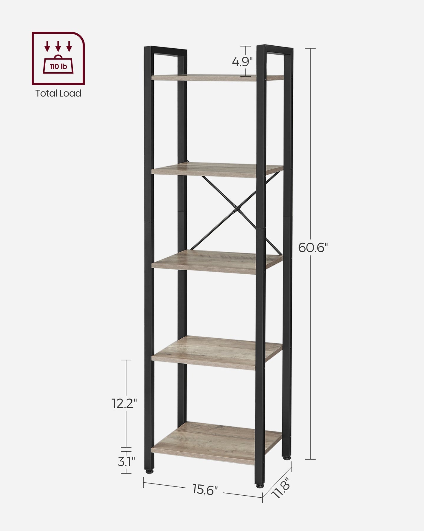 5-Tier Bookshelf - Steel Frame - Rustic Brown and Black