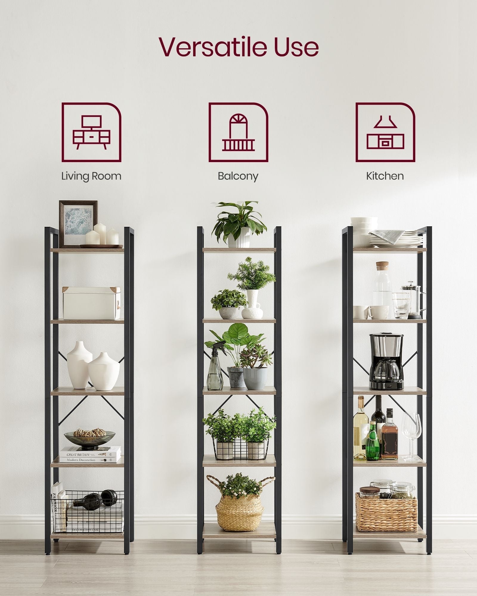 5-Tier Bookshelf - Steel Frame - Rustic Brown and Black