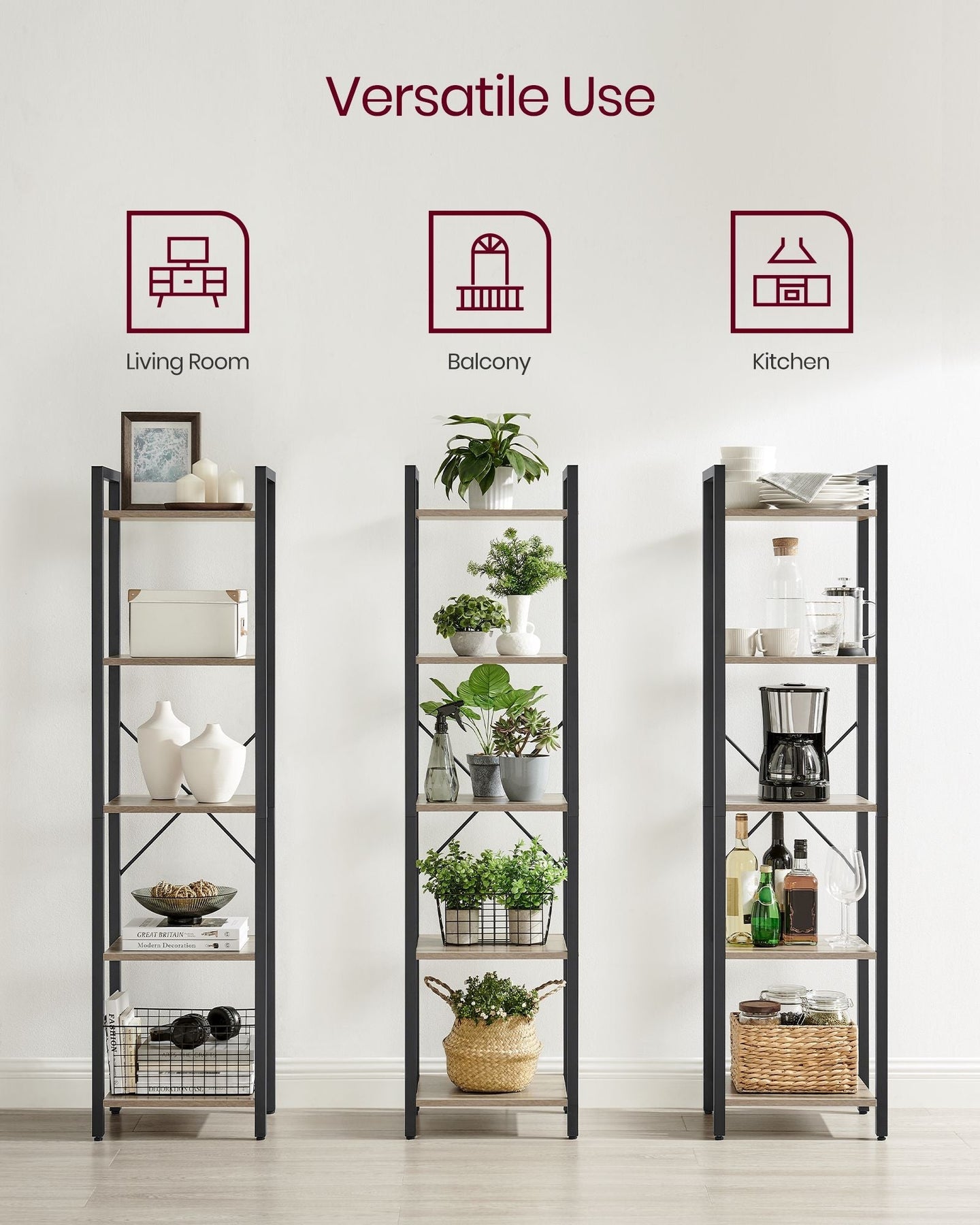 5-Tier Bookshelf - Steel Frame - Rustic Brown and Black