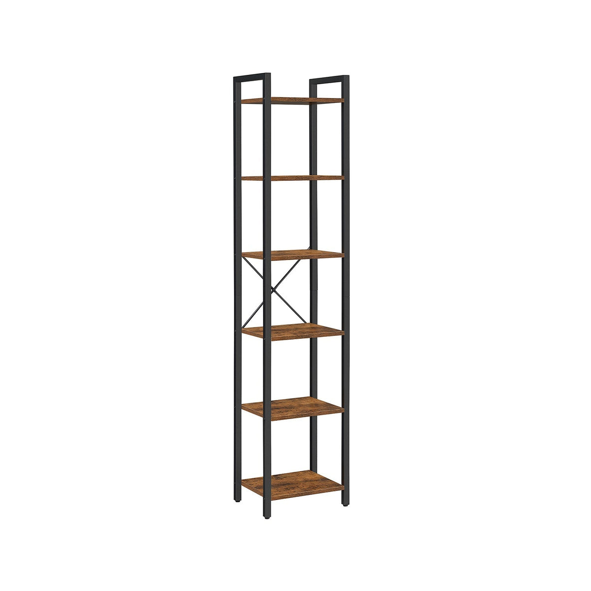 6-Tier Bookshelf - Wood - Rustic Brown and Black - Open Storage Design for Office and Living Room