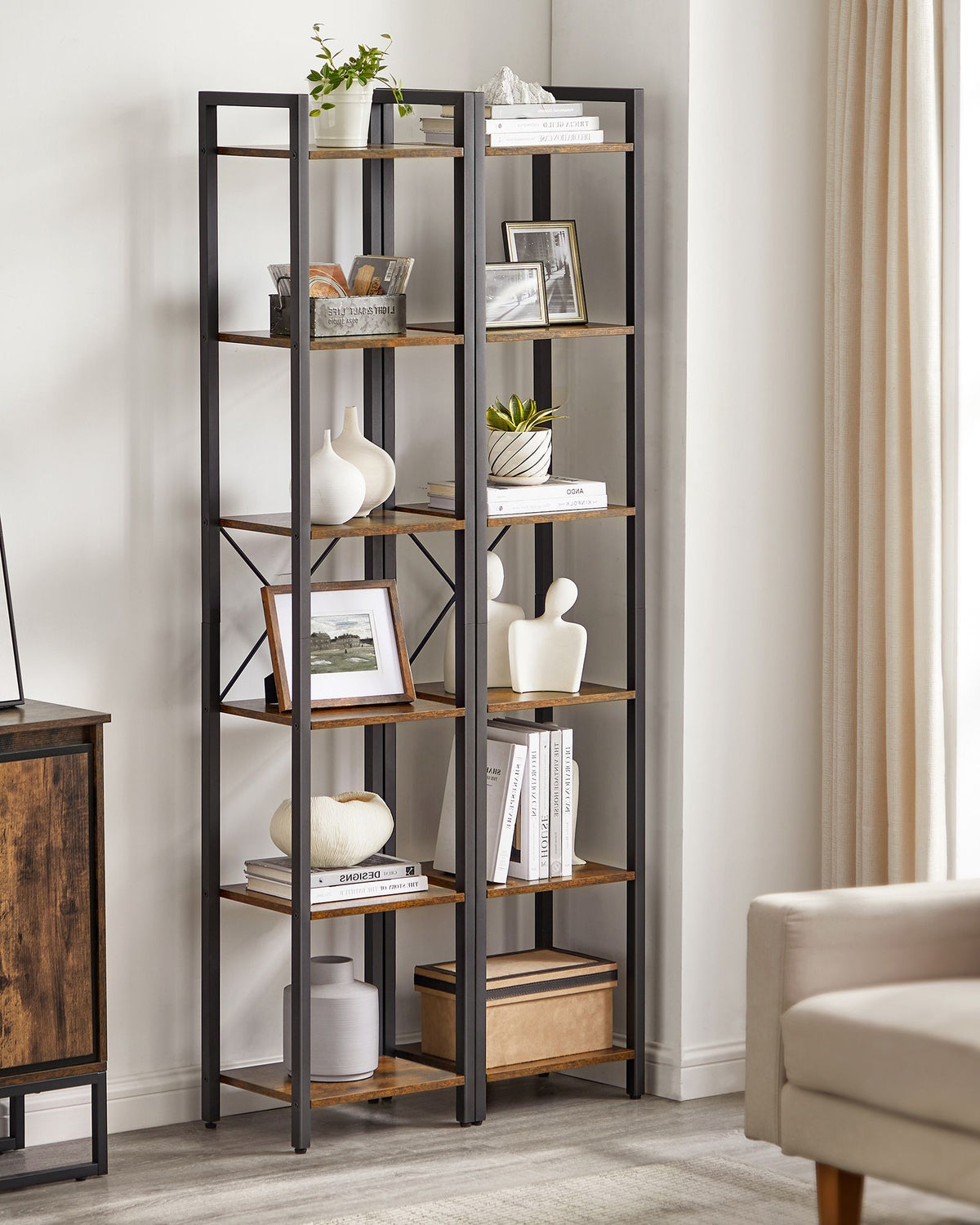 6-Tier Bookshelf - Wood - Rustic Brown and Black - Open Storage Design for Office and Living Room