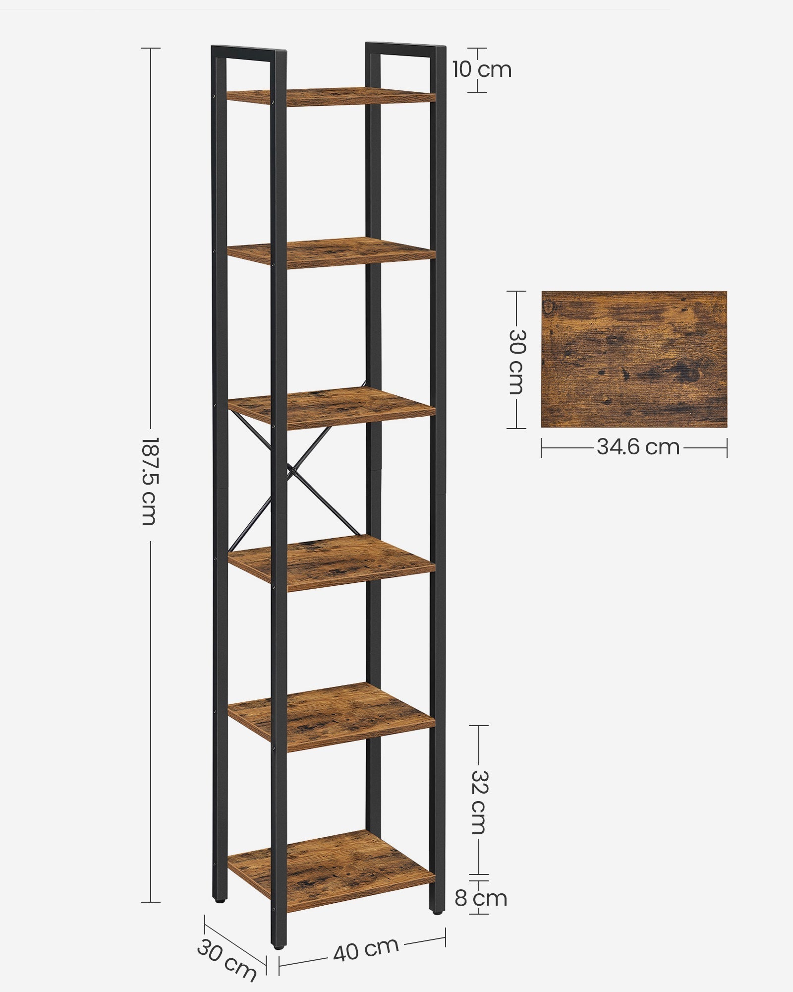 6-Tier Bookshelf - Wood - Rustic Brown and Black - Open Storage Design for Office and Living Room