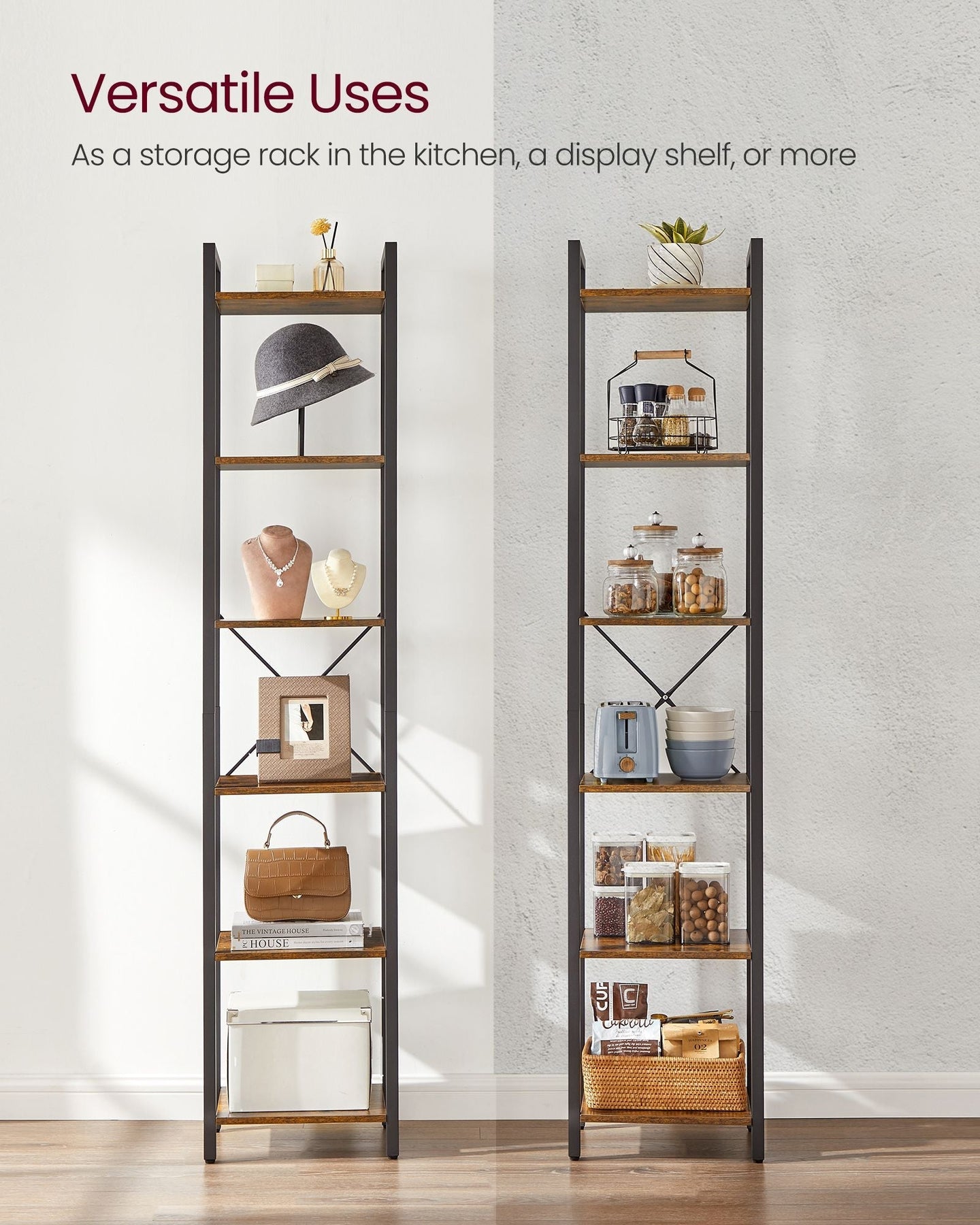 6-Tier Bookshelf - Wood - Rustic Brown and Black - Open Storage Design for Office and Living Room