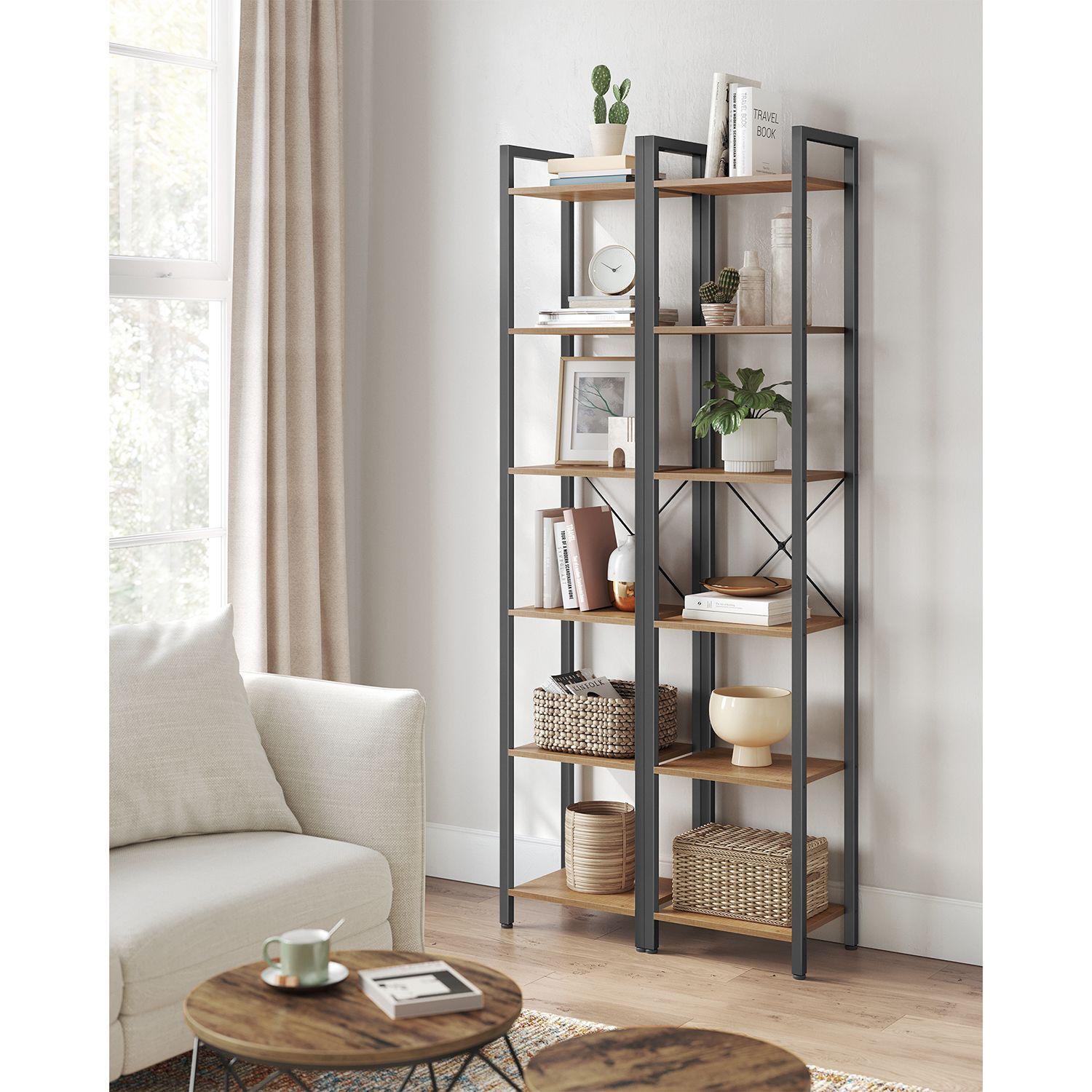 6-Tier Bookshelf - Engineered Wood - Rustic Brown and Black - Open Storage Shelving