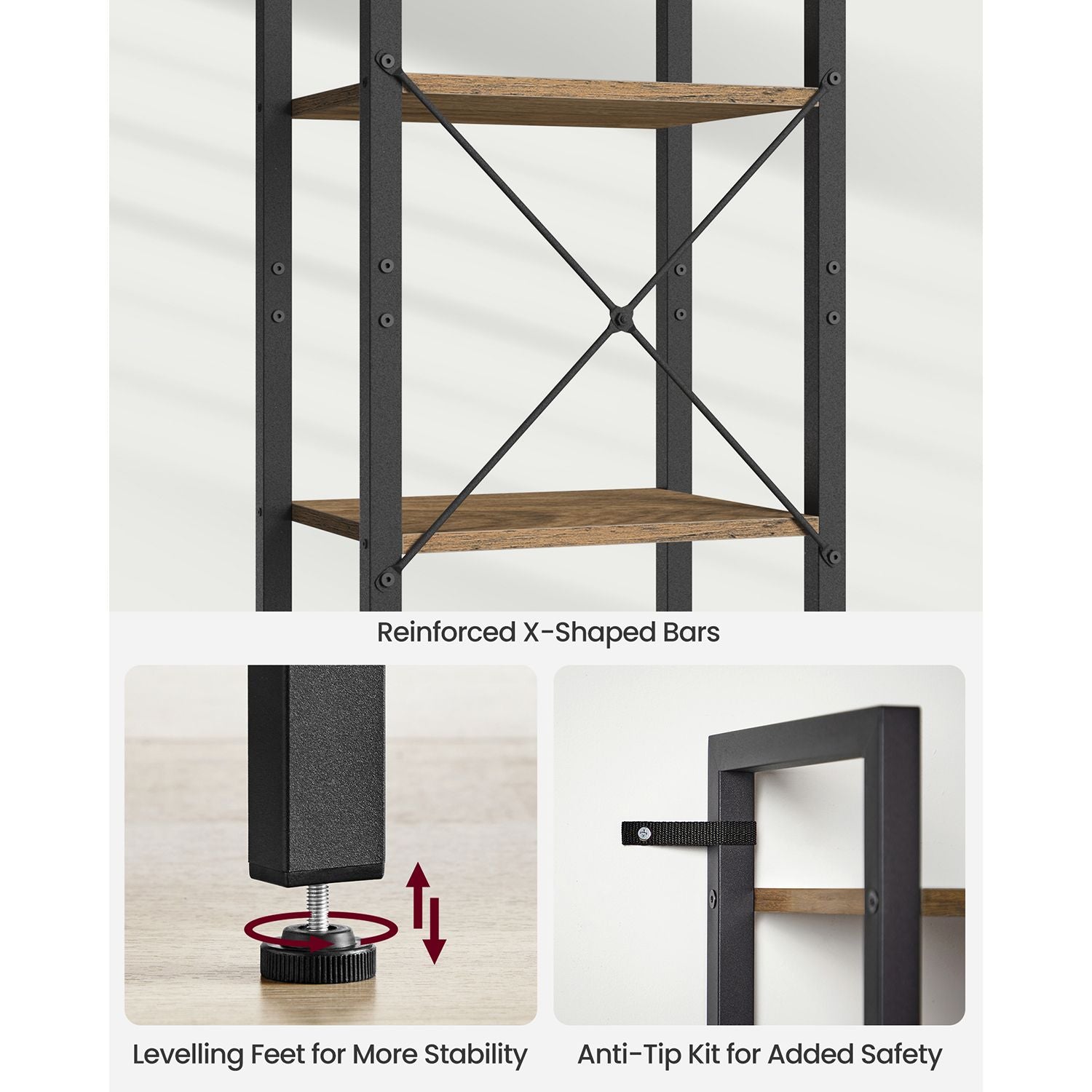6-Tier Bookshelf - Engineered Wood - Rustic Brown and Black - Open Storage Shelving