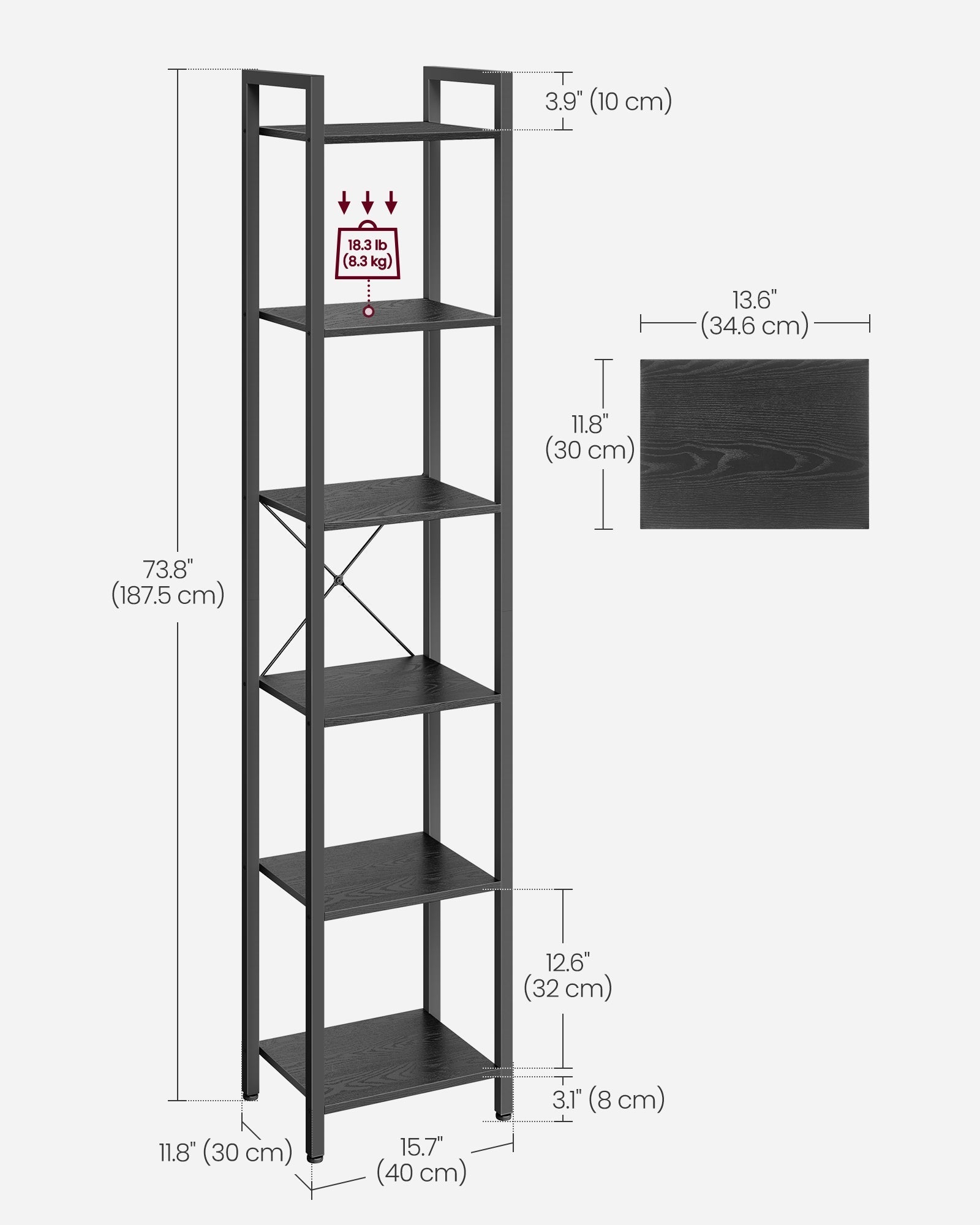6-Tier Bookshelf - Particle Board - Ebony Black - Open Storage Design