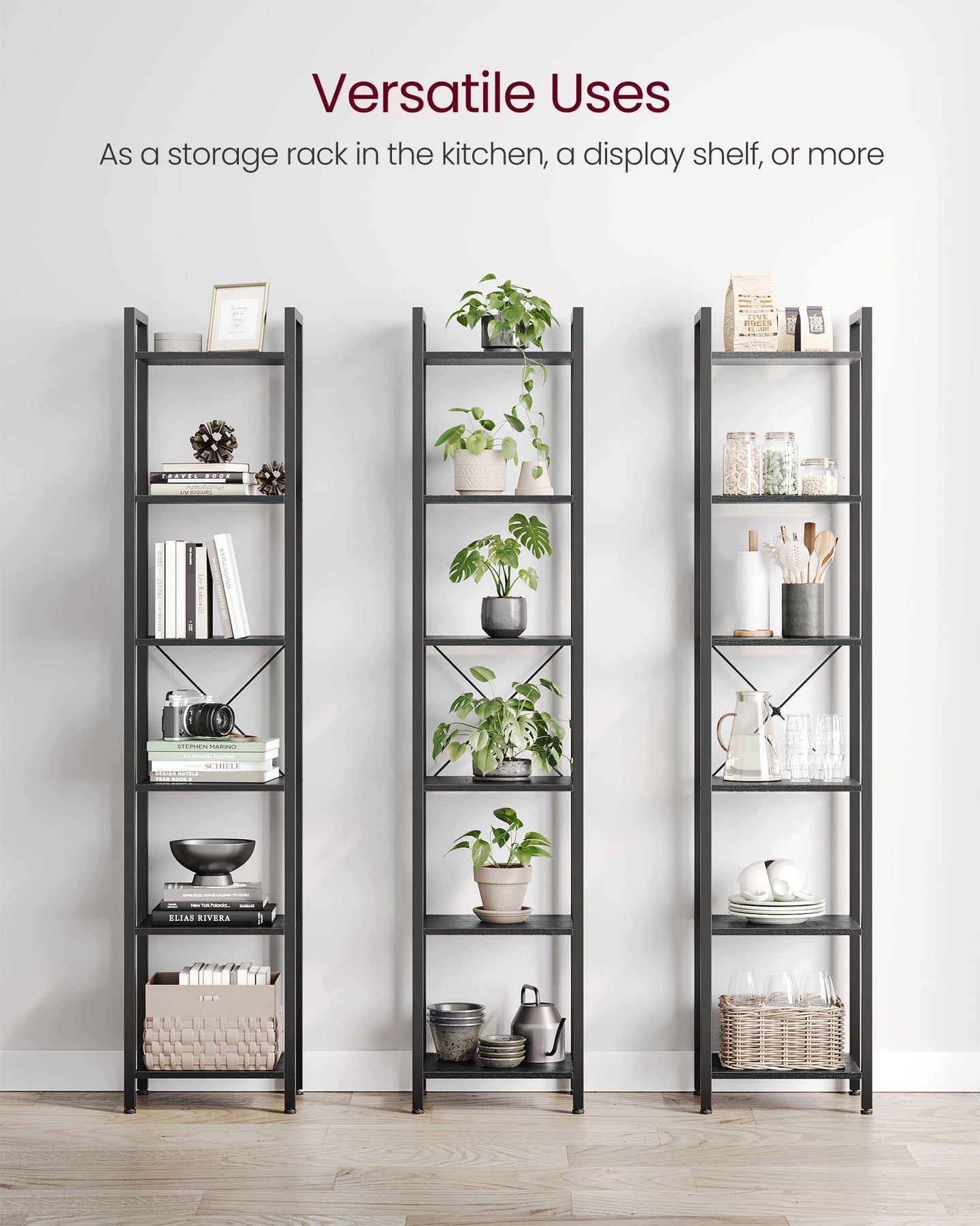 6-Tier Bookshelf - Particle Board - Ebony Black - Open Storage Design