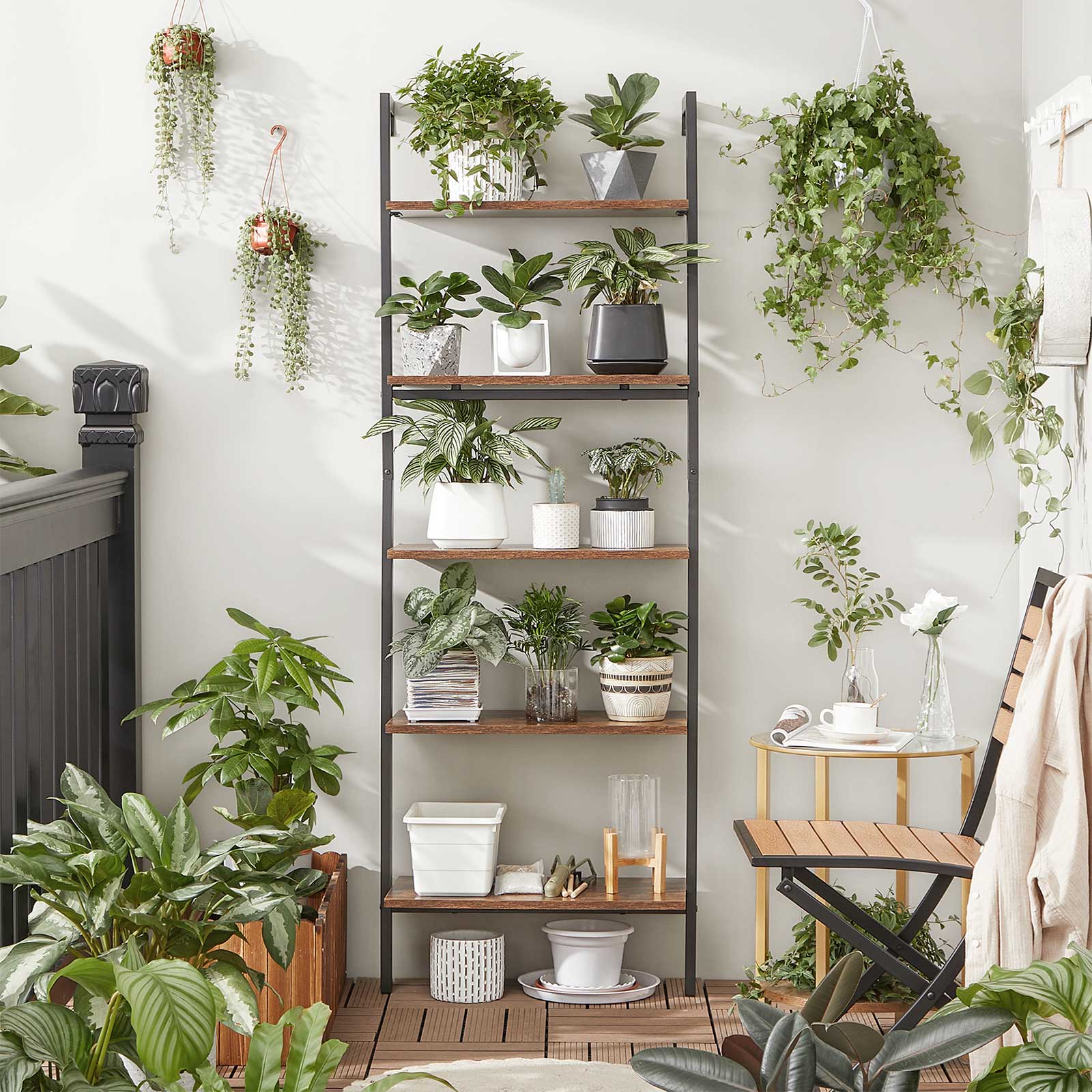 Ladder Shelf - 5-Tier Industrial Design - Wood - Rustic Brown and Black