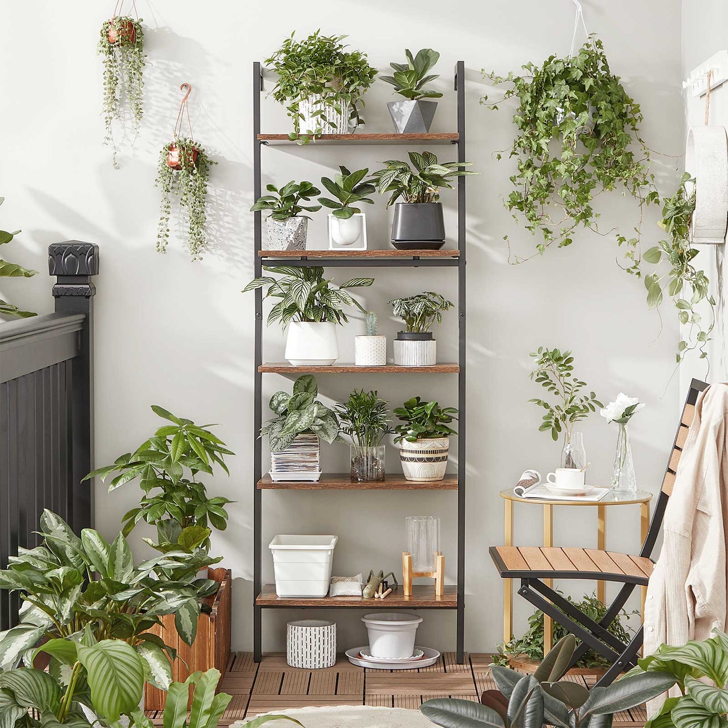 Ladder Shelf - 5-Tier Industrial Design - Wood - Rustic Brown and Black