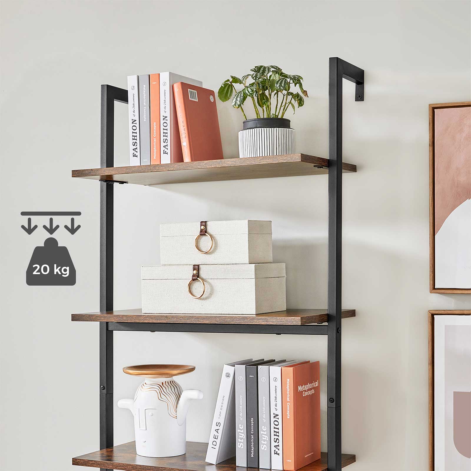 Ladder Shelf - 5-Tier Industrial Design - Wood - Rustic Brown and Black