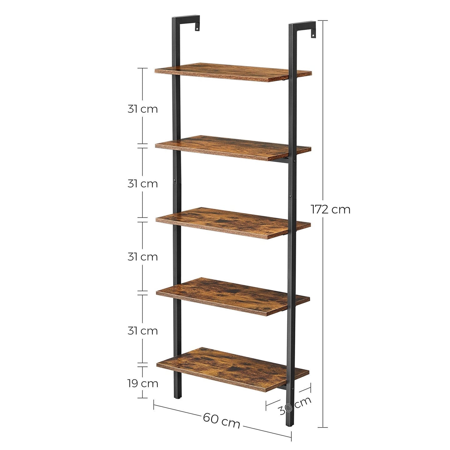 Ladder Shelf - 5-Tier Industrial Design - Wood - Rustic Brown and Black