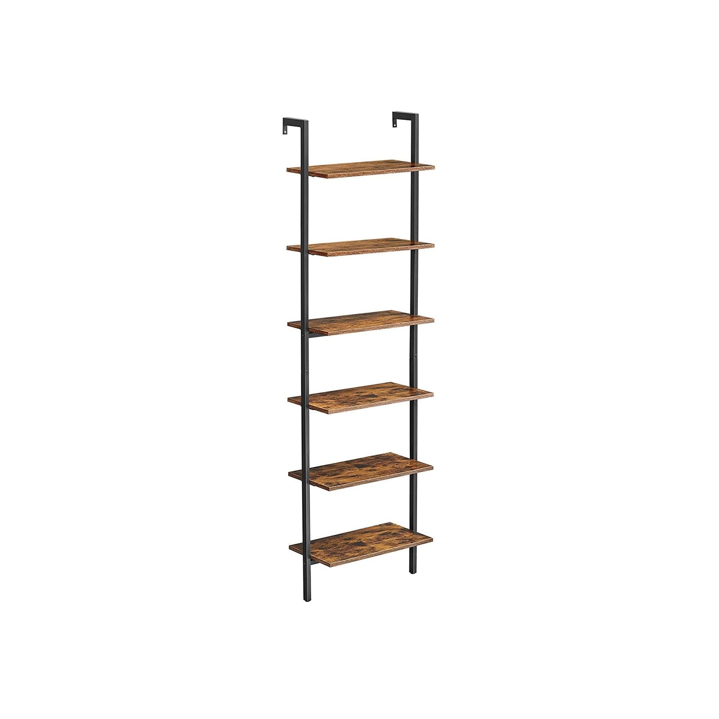 Wall-Mounted Ladder Shelf - 6-Tier Design - Wood - Rustic Brown and Black - Safety First