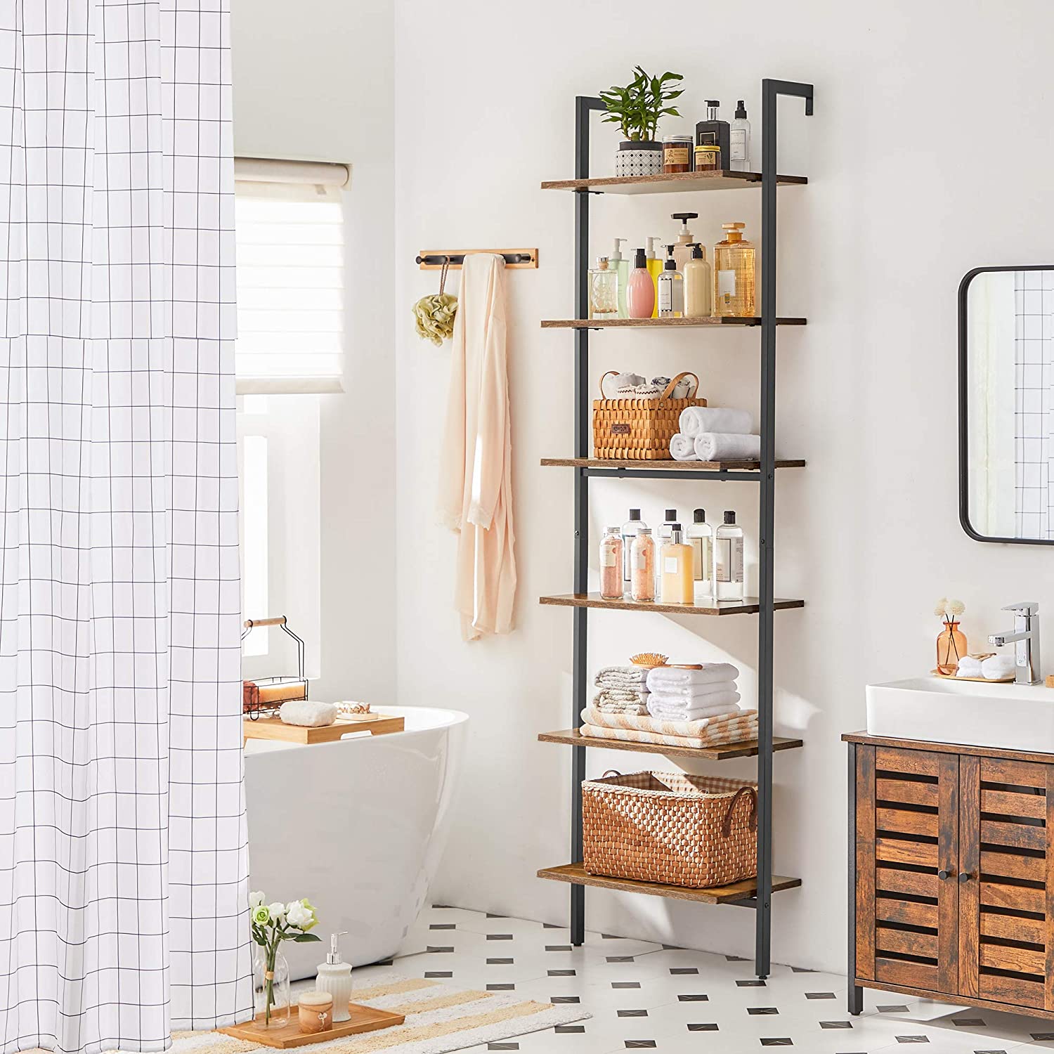 Wall-Mounted Ladder Shelf - 6-Tier Design - Wood - Rustic Brown and Black - Safety First