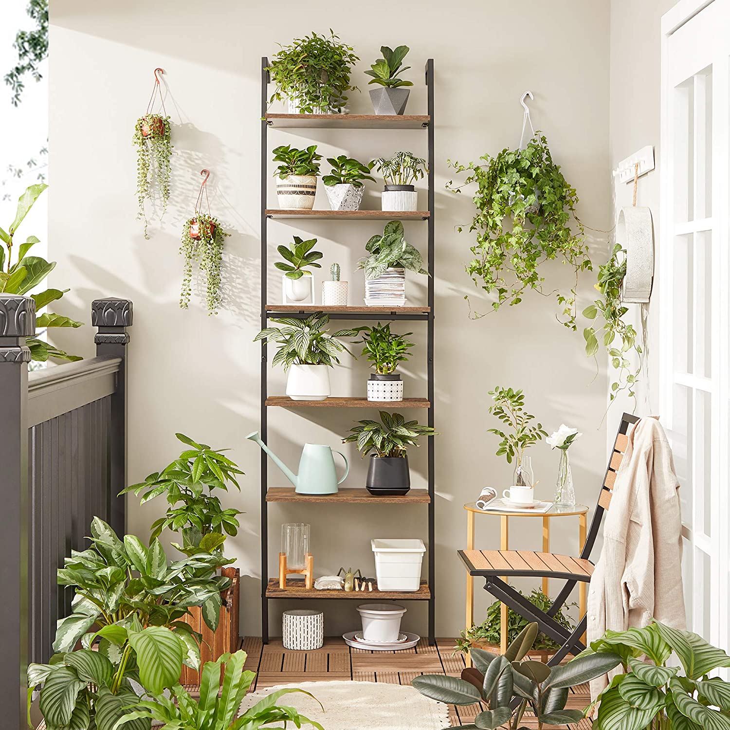 Wall-Mounted Ladder Shelf - 6-Tier Design - Wood - Rustic Brown and Black - Safety First