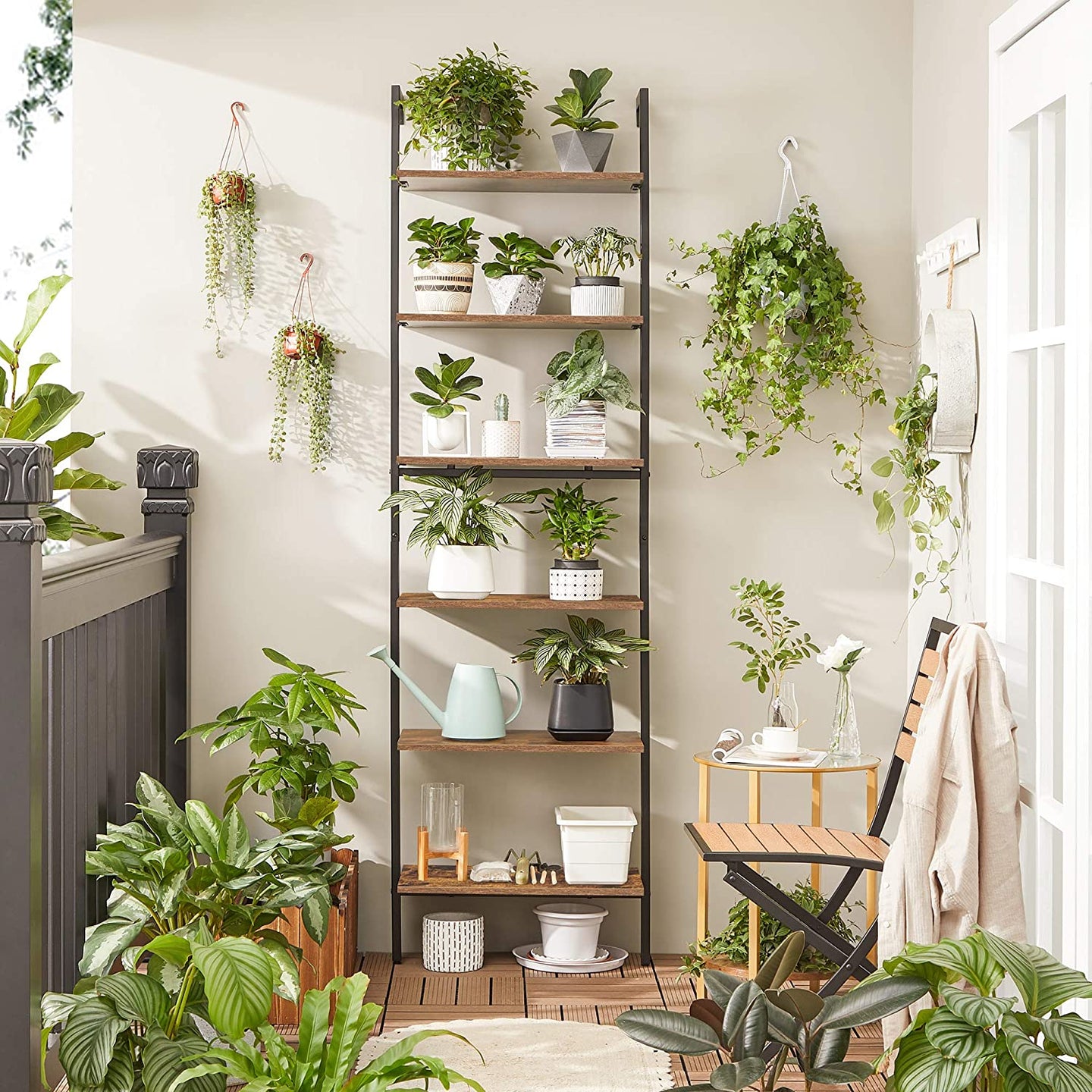 Wall-Mounted Ladder Shelf - 6-Tier Design - Wood - Rustic Brown and Black - Safety First