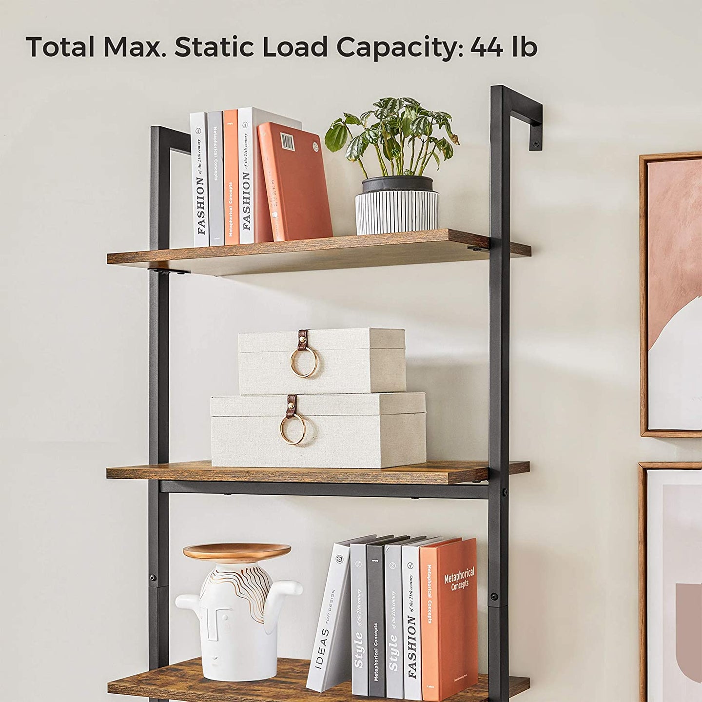 Wall-Mounted Ladder Shelf - 6-Tier Design - Wood - Rustic Brown and Black - Safety First