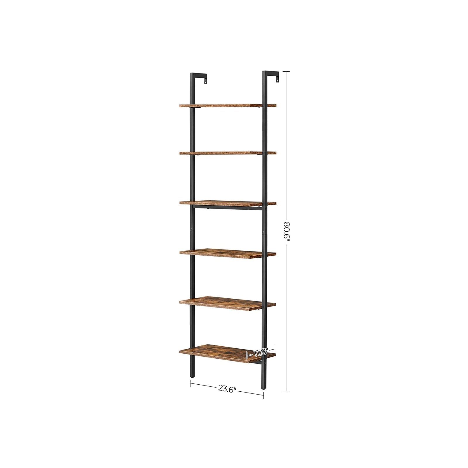 Wall-Mounted Ladder Shelf - 6-Tier Design - Wood - Rustic Brown and Black - Safety First