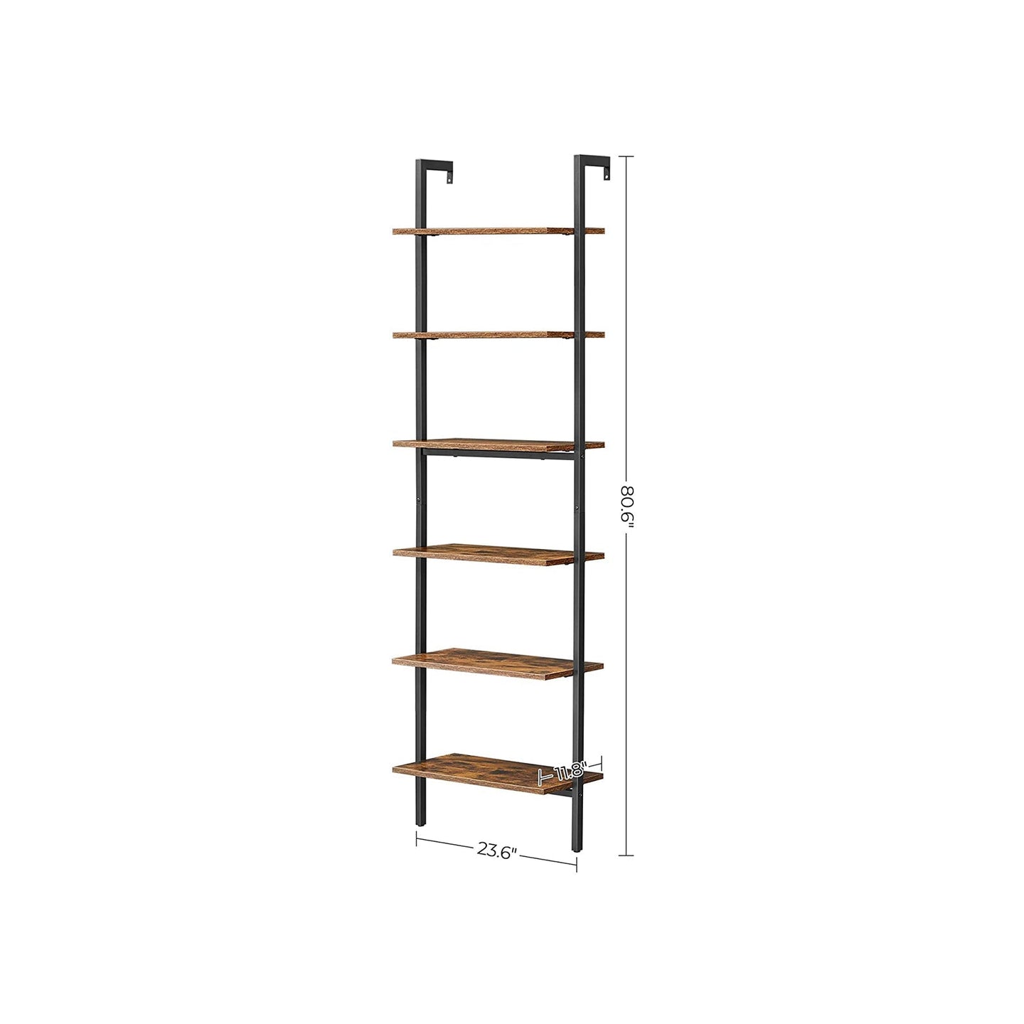 Wall-Mounted Ladder Shelf - 6-Tier Design - Wood - Rustic Brown and Black - Safety First