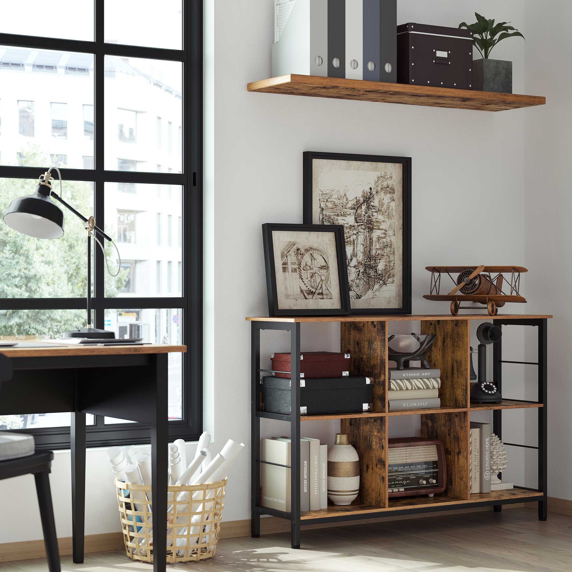 Bookshelf - Wood - Rustic Brown and Black - 6 Compartments