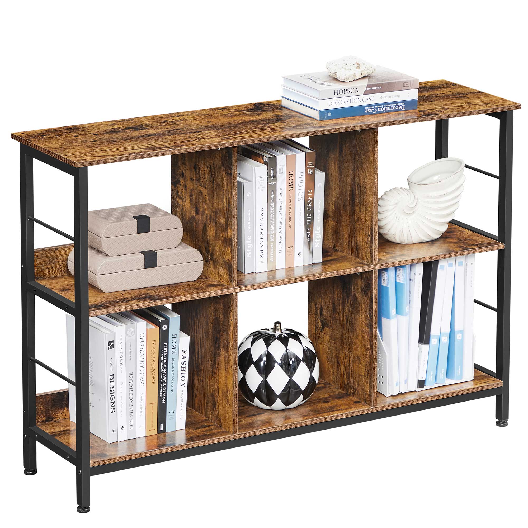 Bookshelf - Wood - Rustic Brown and Black - 6 Compartments