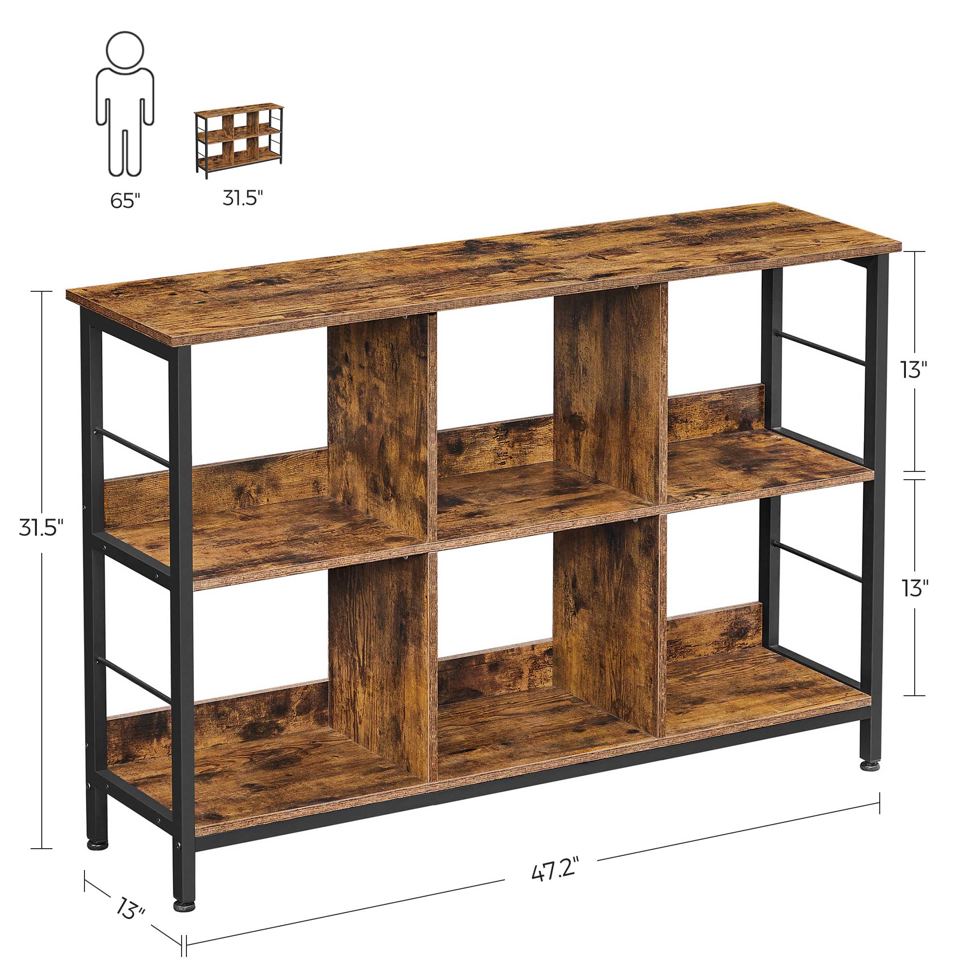 Bookshelf - Wood - Rustic Brown and Black - 6 Compartments