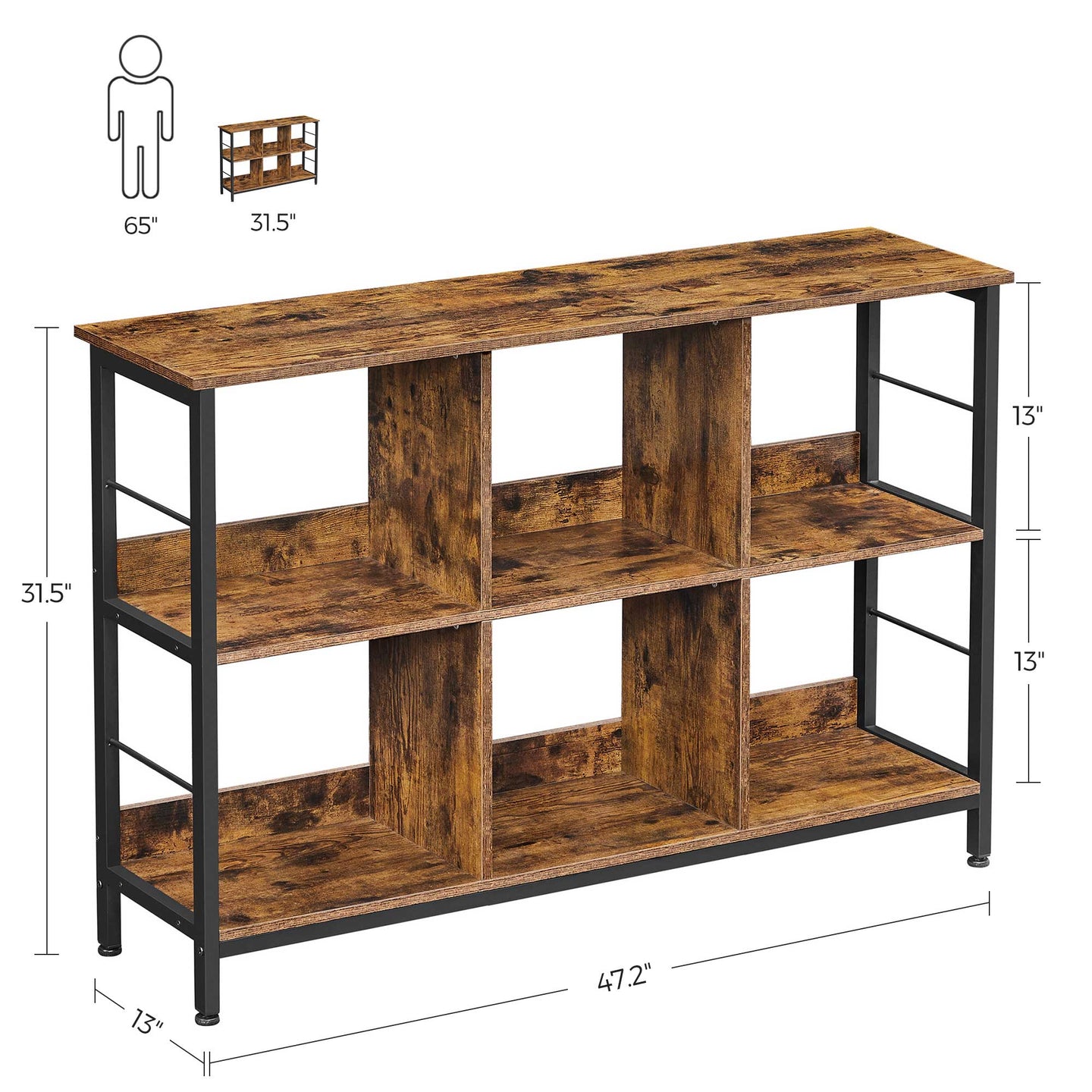 Bookshelf - Wood - Rustic Brown and Black - 6 Compartments