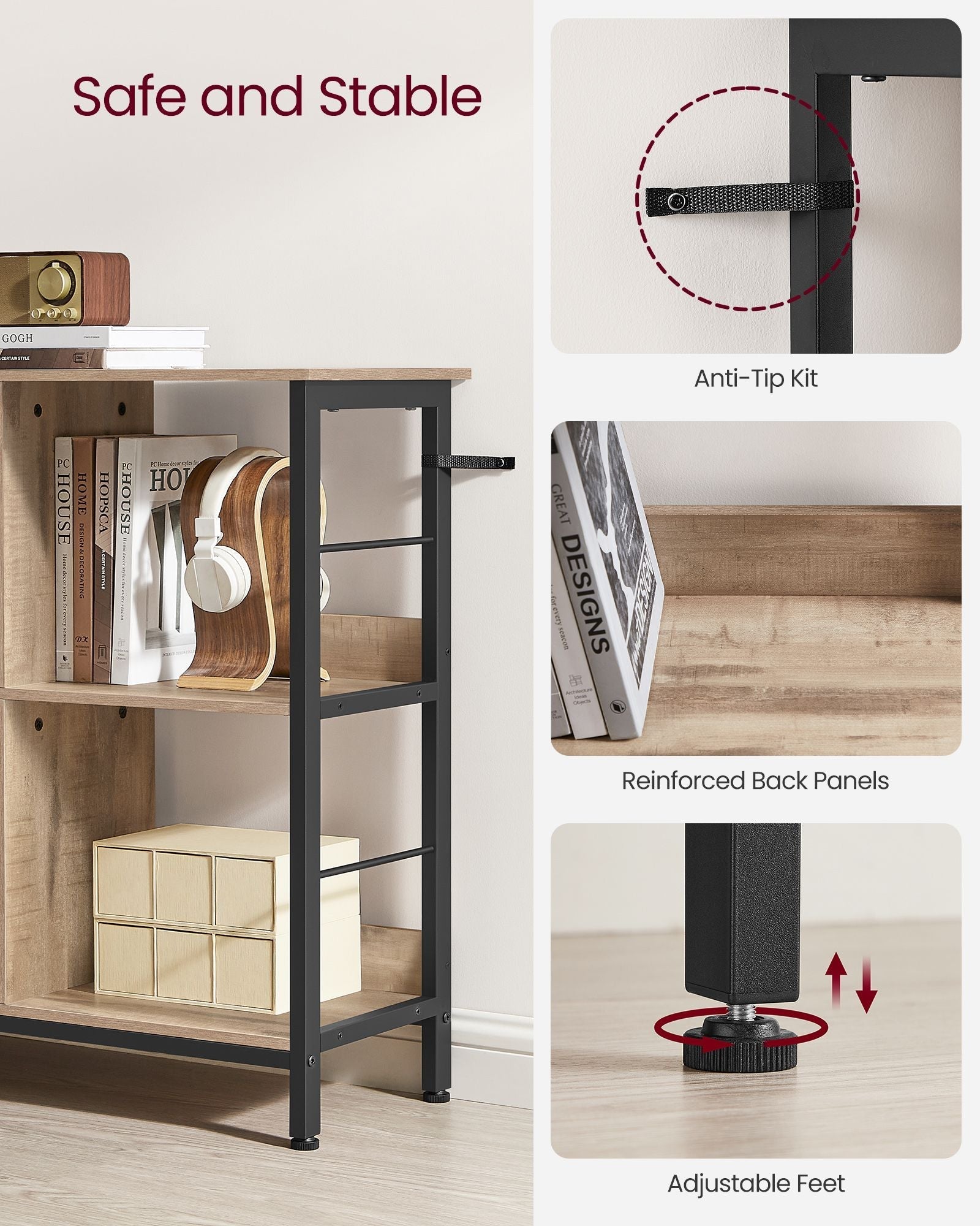 4-Tier Bookcase - Wood - Camel Brown - Industrial Rustic Design