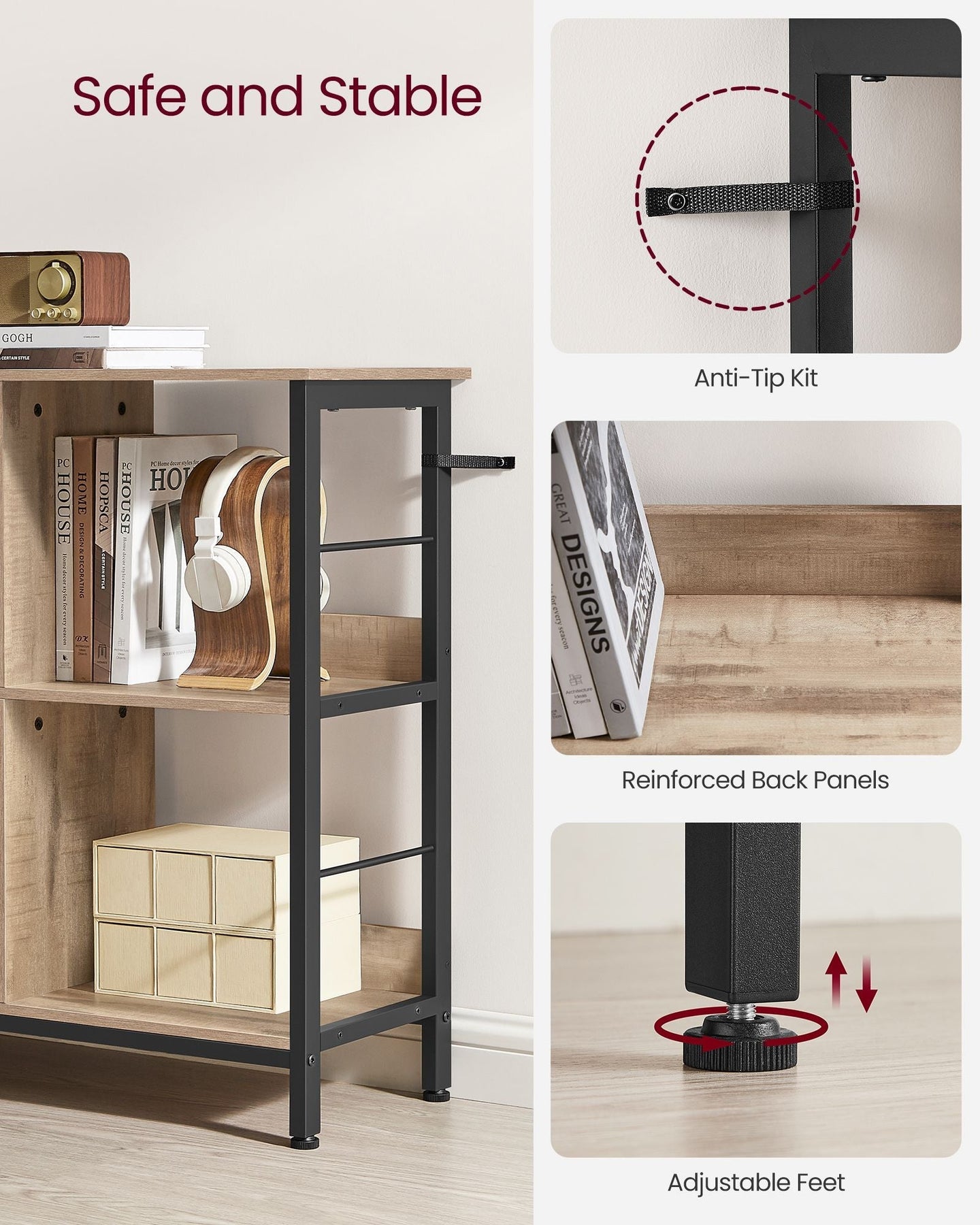 4-Tier Bookcase - Wood - Camel Brown - Industrial Rustic Design