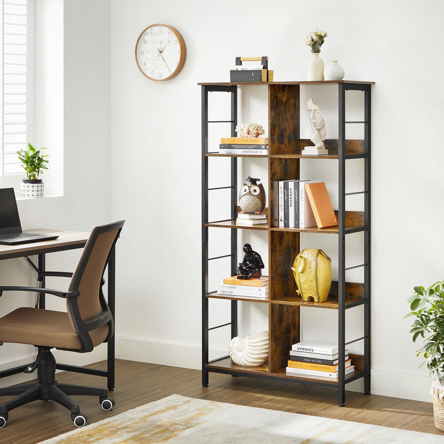 4-Tier Bookshelf - Wood - Rustic Brown and Black - Safety First with Anti-Tip Features