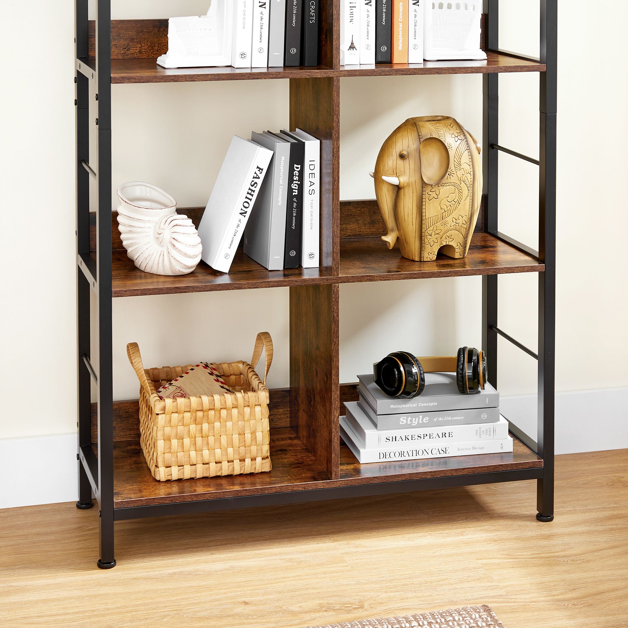 4-Tier Bookshelf - Wood - Rustic Brown and Black - Safety First with Anti-Tip Features