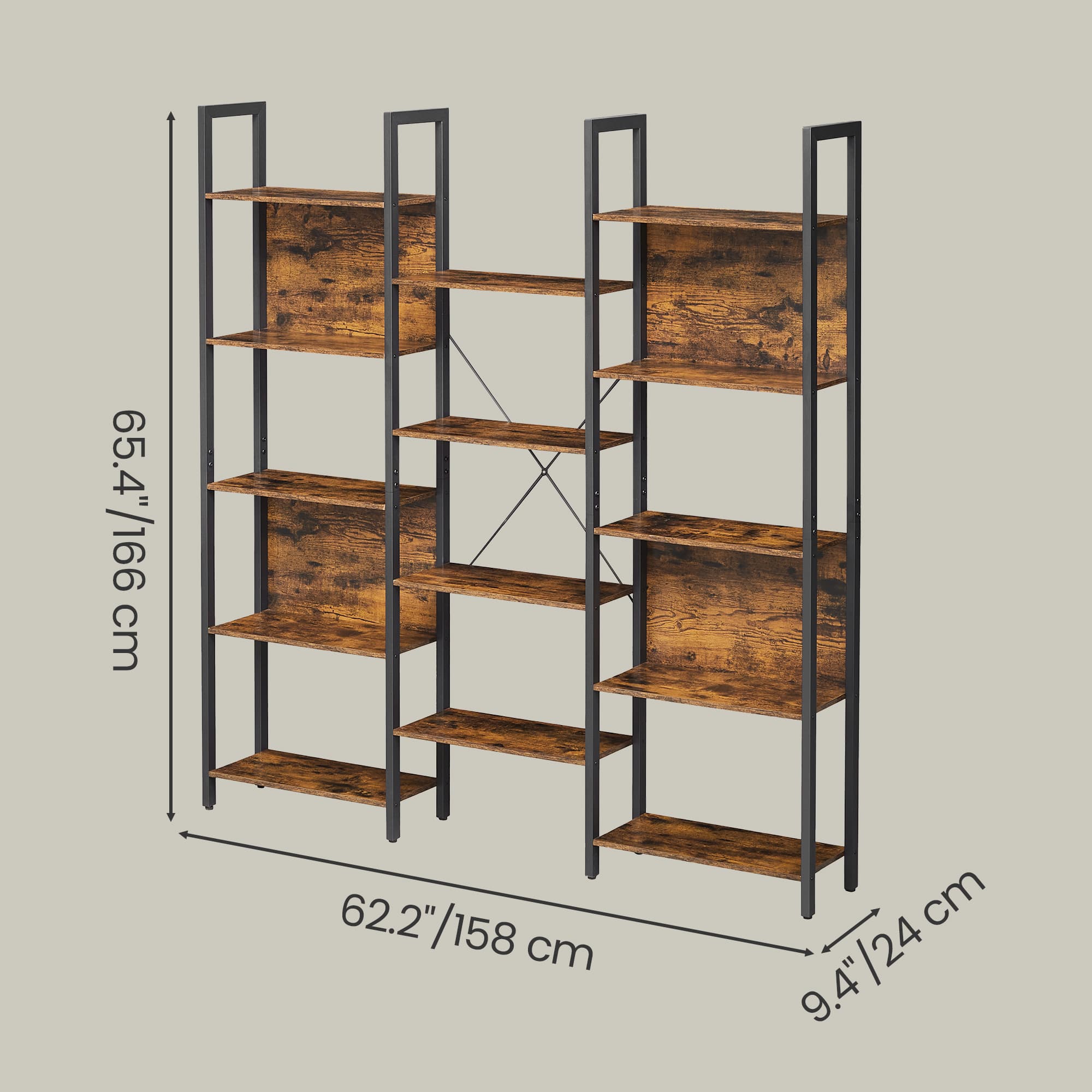 5-Tier Bookcase - Metal Frame - Rustic Brown and Black