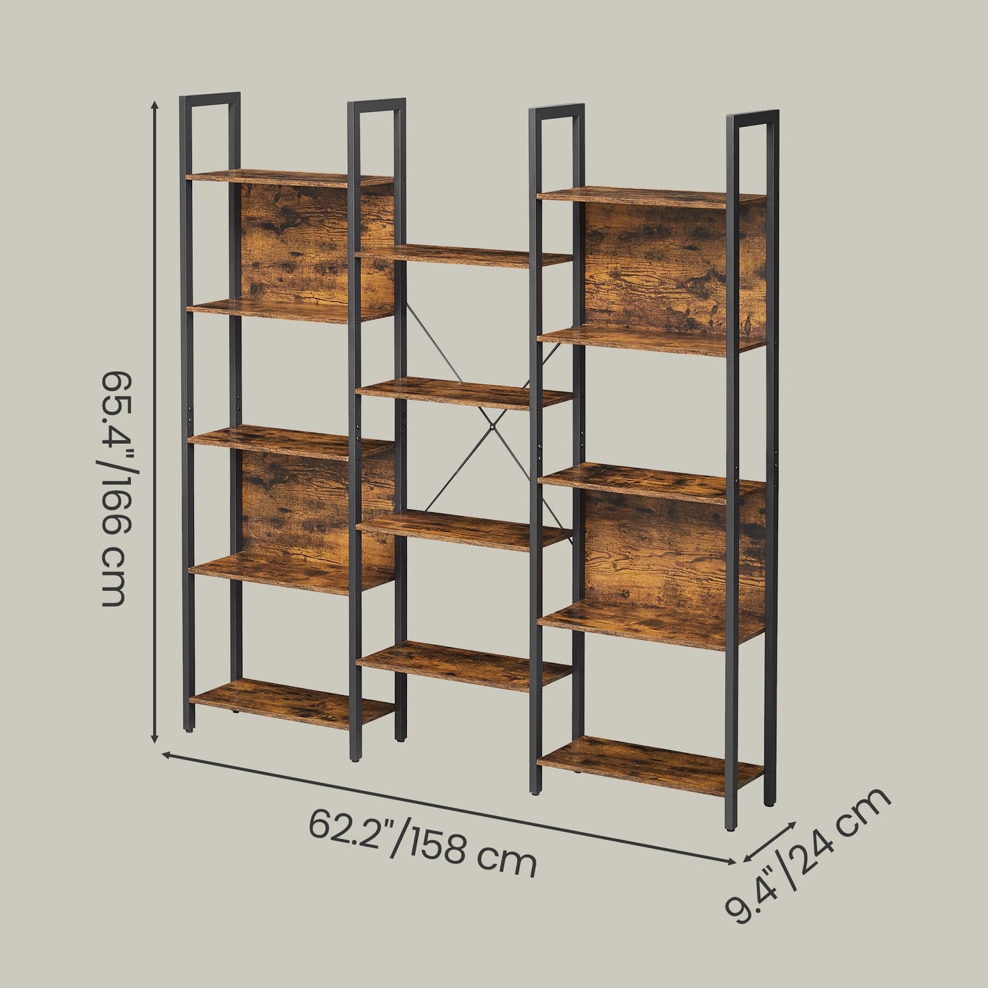 5-Tier Bookcase - Metal Frame - Rustic Brown and Black