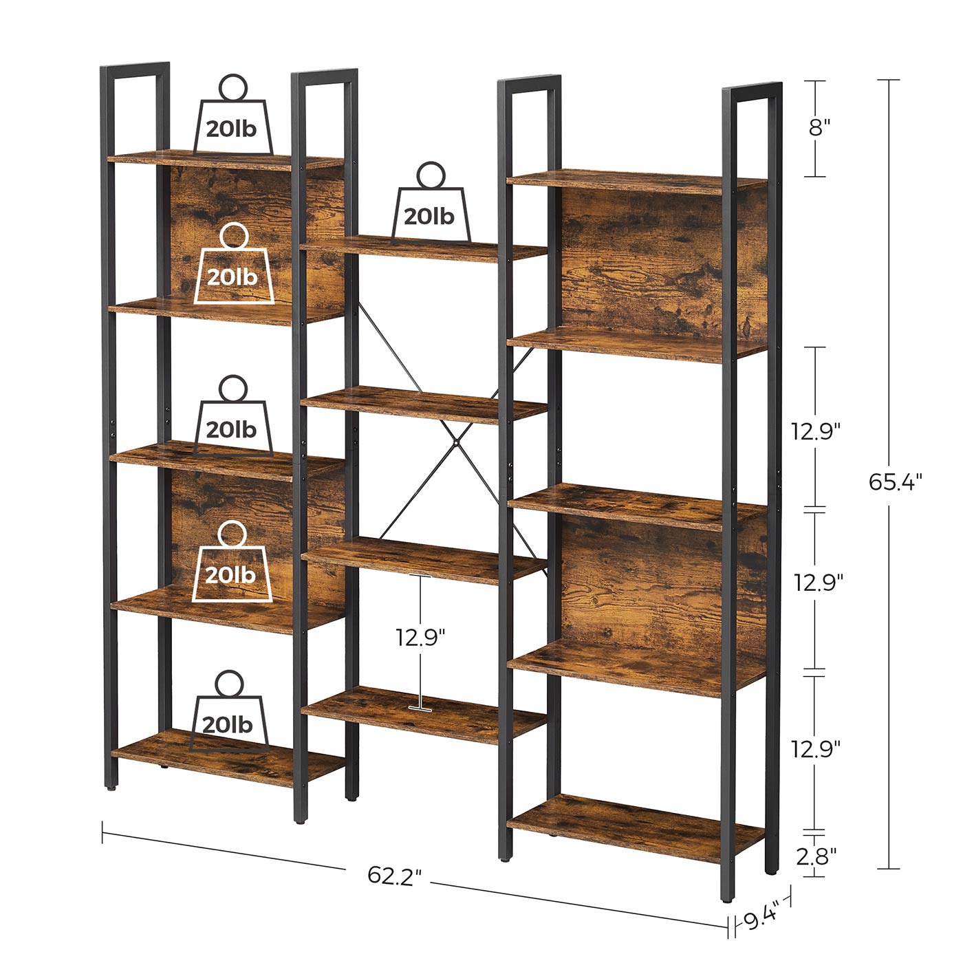 Large Bookshelf - Metal - Rustic Brown and Black - 14 Storage Shelves