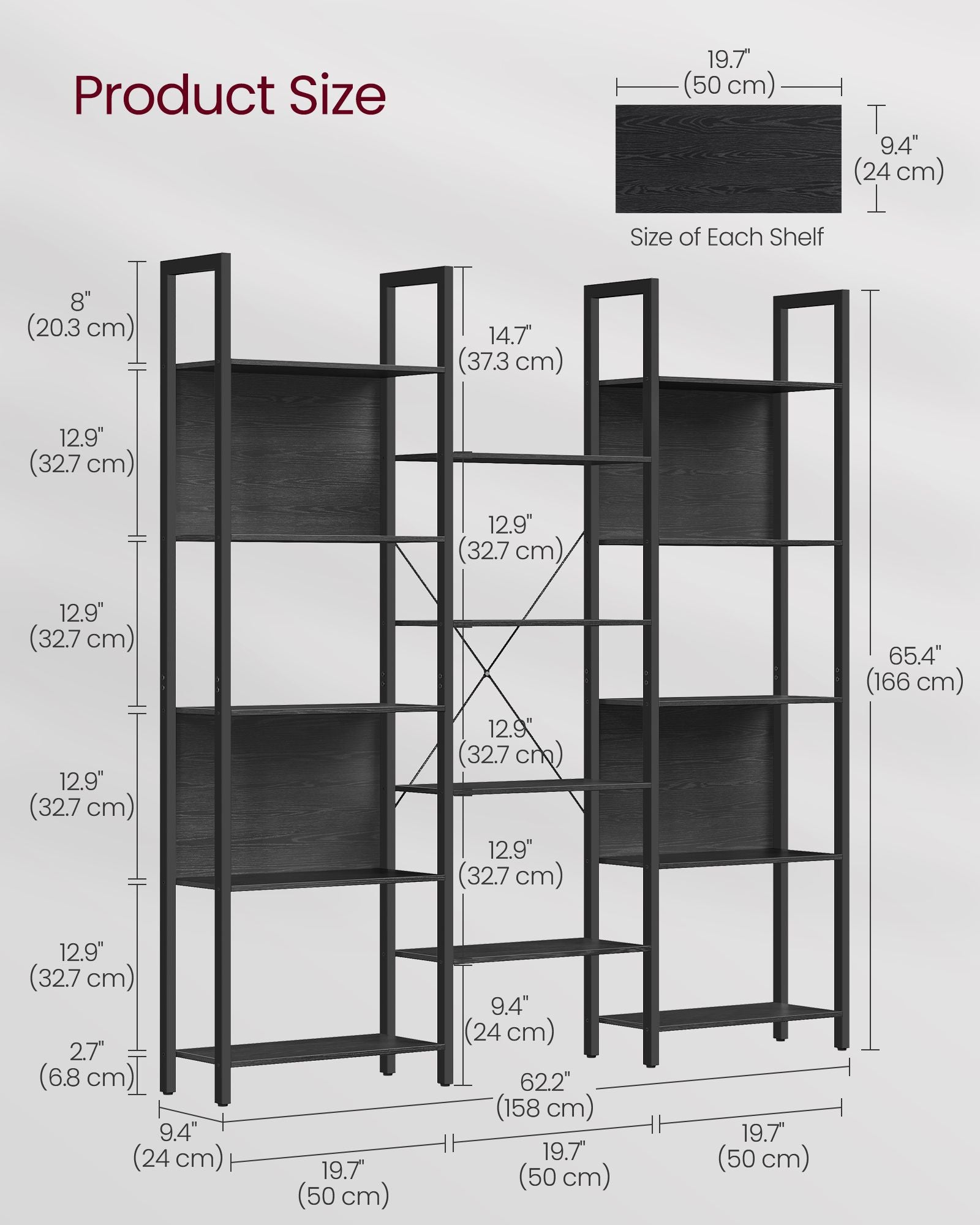 Bookcase - Metal - Ebony Black - 14 Storage Shelves