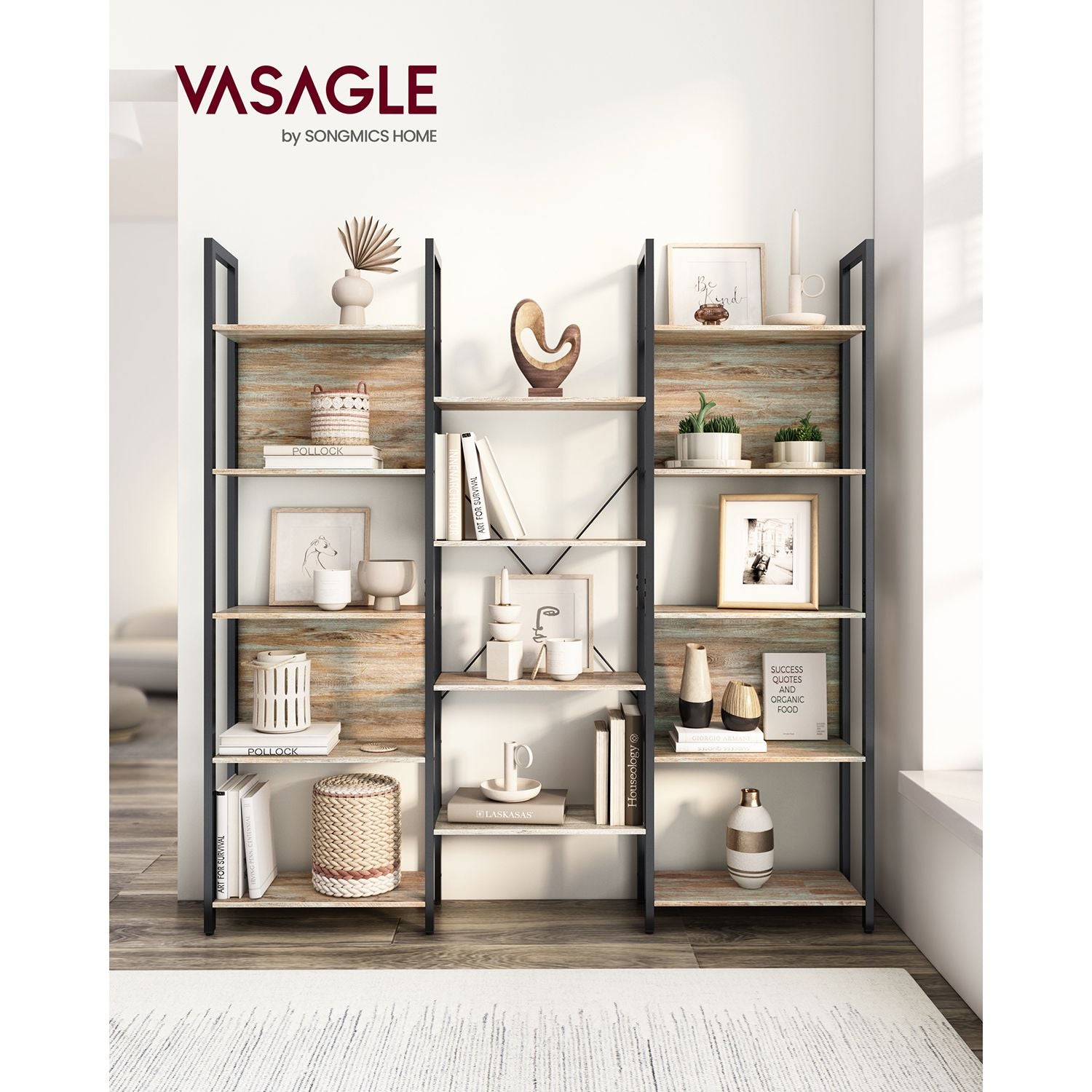 Bookshelf - Metal - Rustic Brown and Black - 14 Storage Shelves