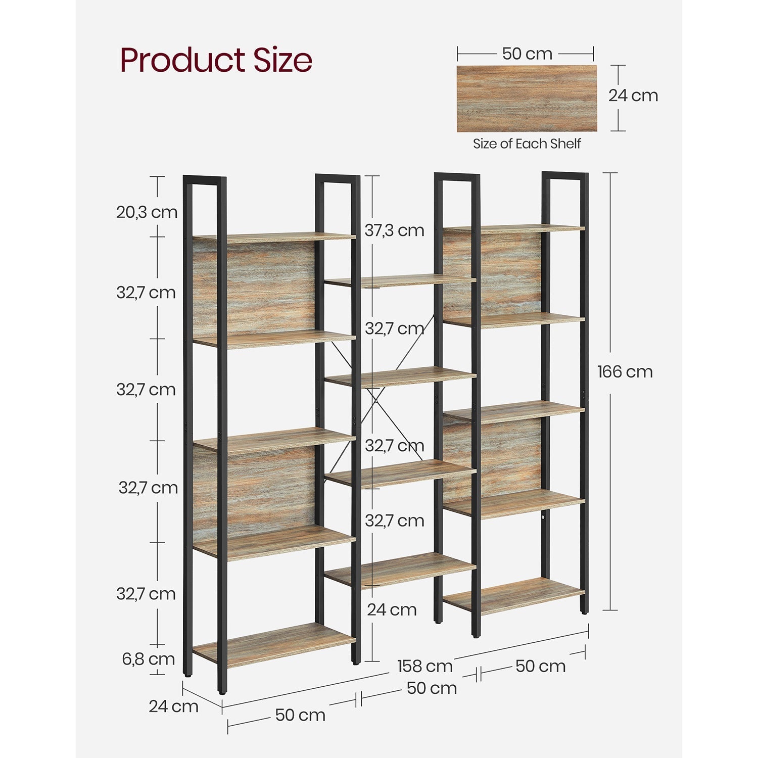 Bookshelf - Metal - Rustic Brown and Black - 14 Storage Shelves