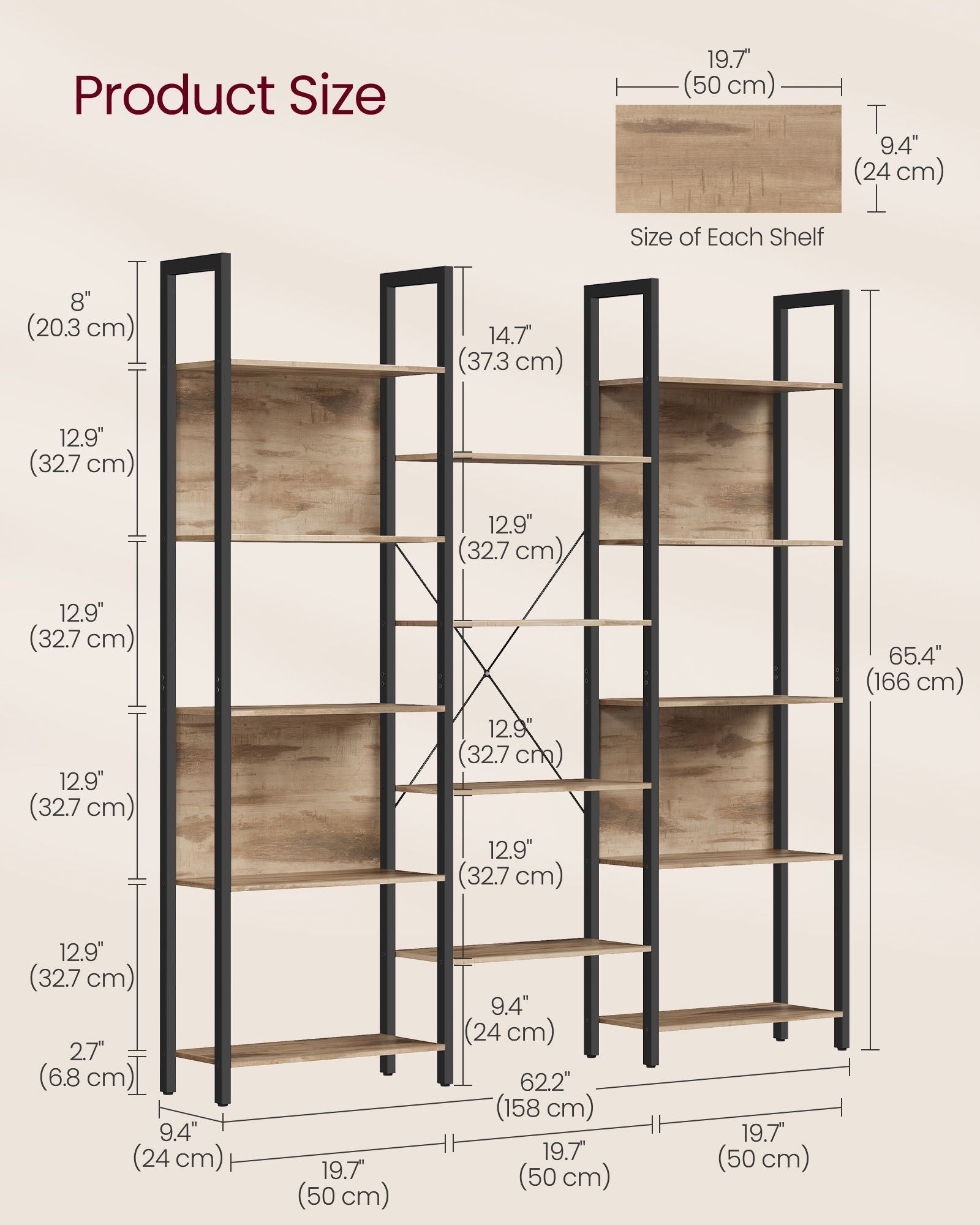 Bookcase - Metal - Rustic Brown - 14 Shelves