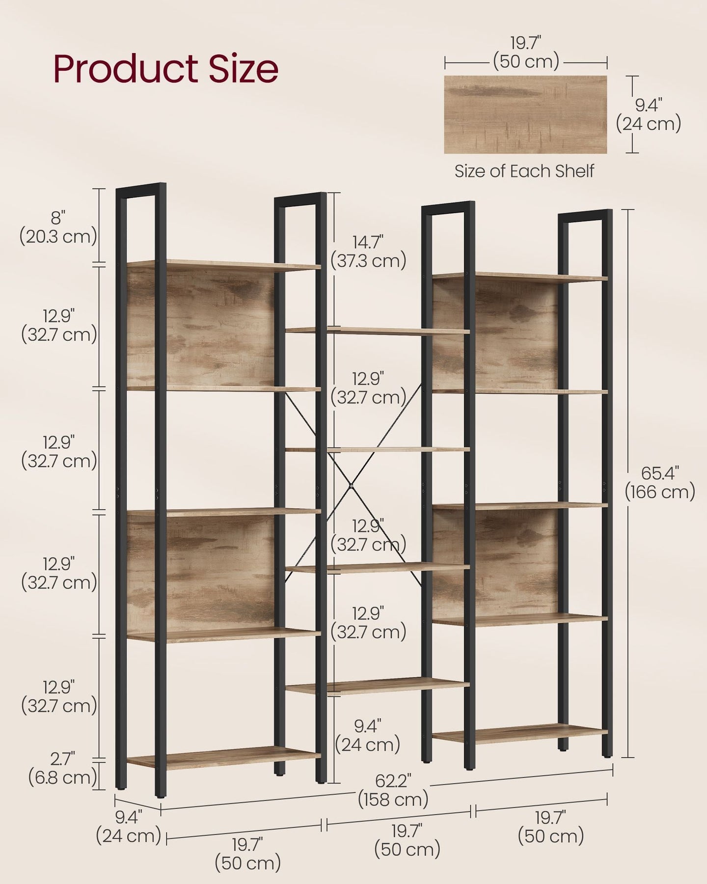 Bookcase - Metal - Rustic Brown - 14 Shelves