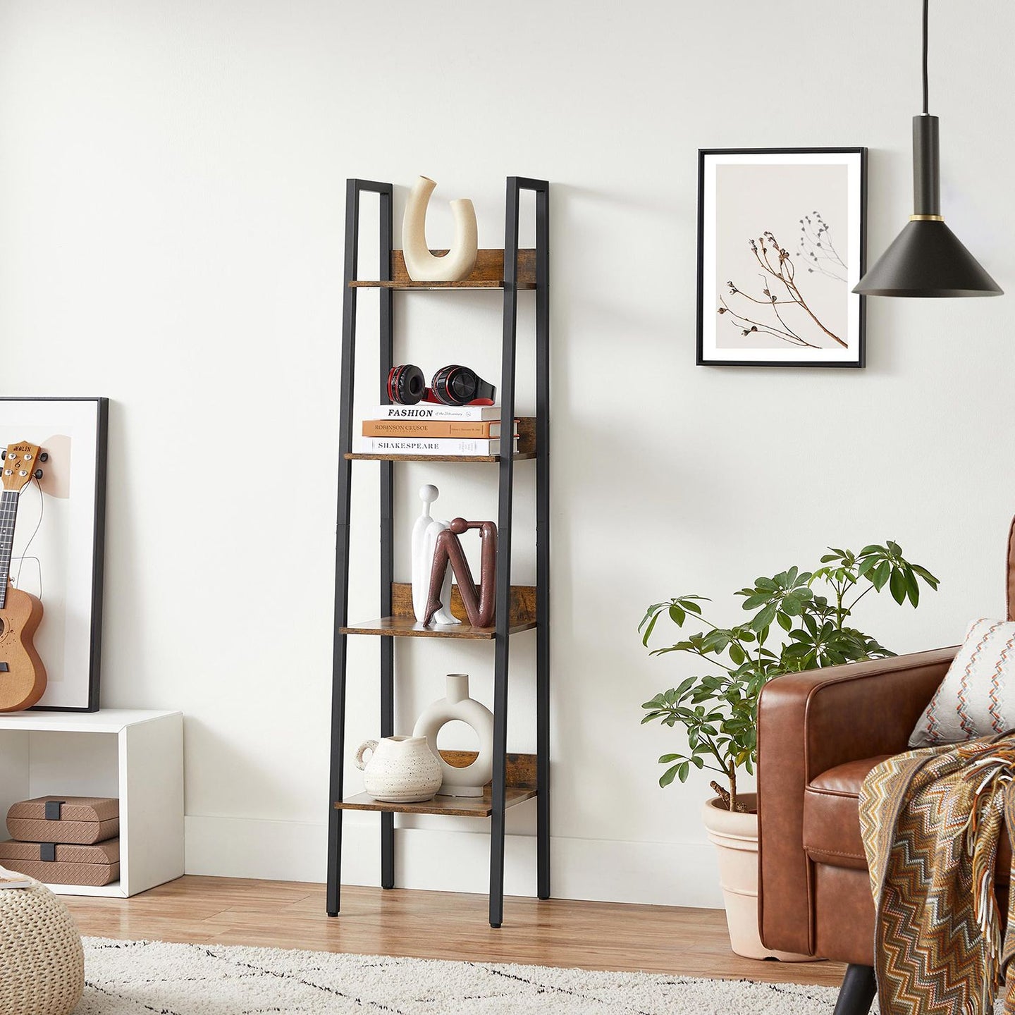 Ladder Shelf - Steel - Rustic Brown and Black - 4-Tier Freestanding Storage