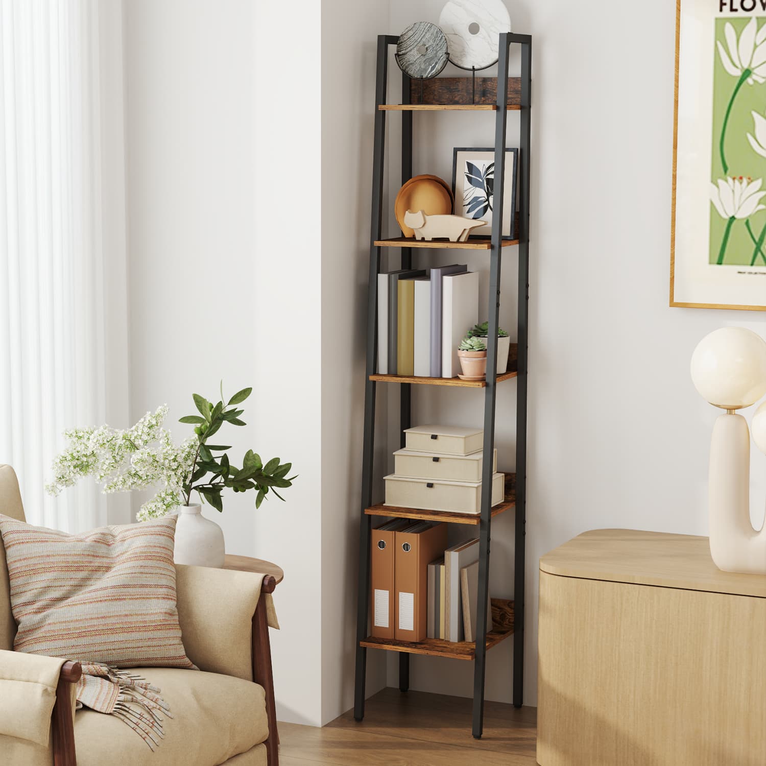 5-Tier Narrow Ladder Bookshelf - Wood - Rustic Brown - Versatile for Home Office