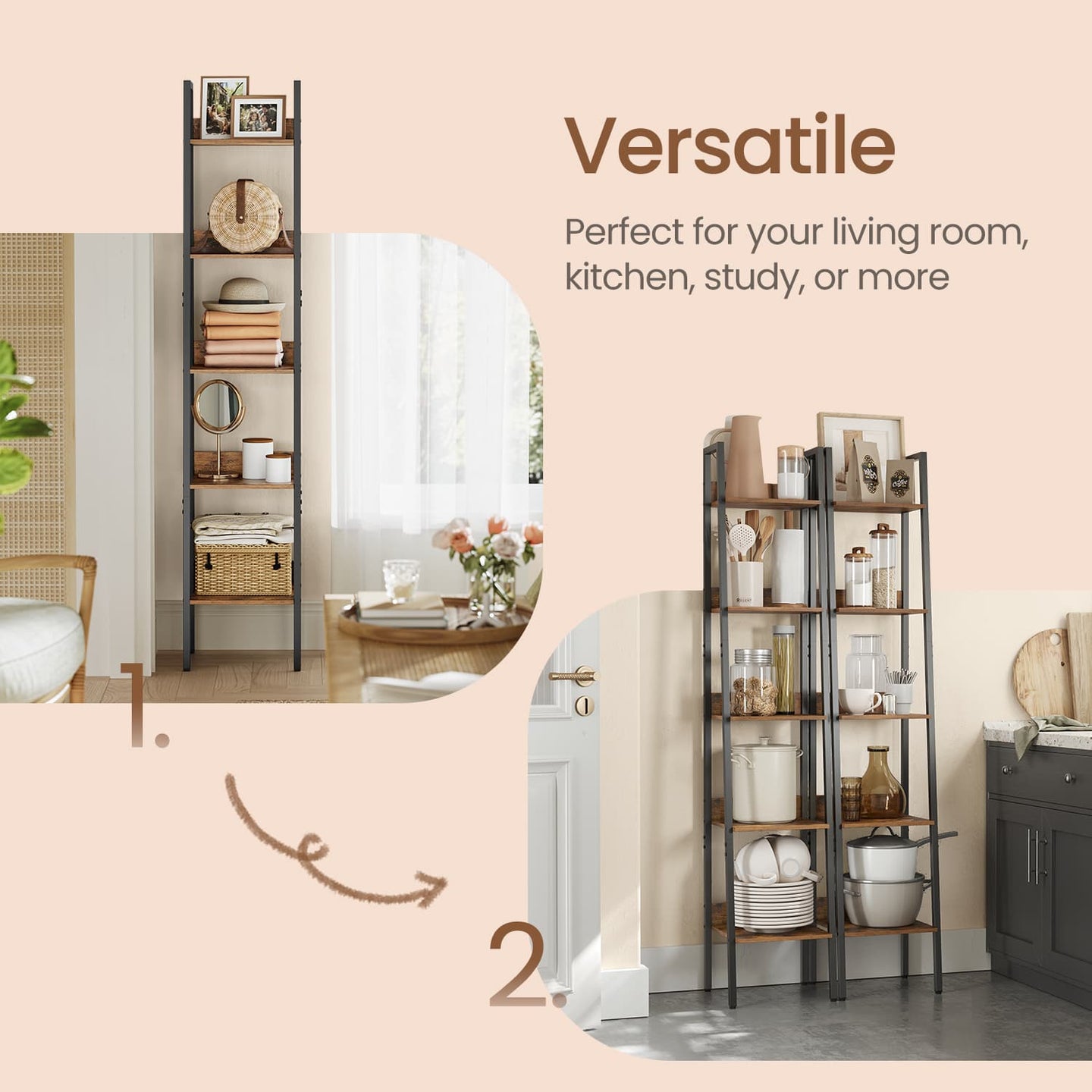 5-Tier Narrow Ladder Bookshelf - Wood - Rustic Brown - Versatile for Home Office