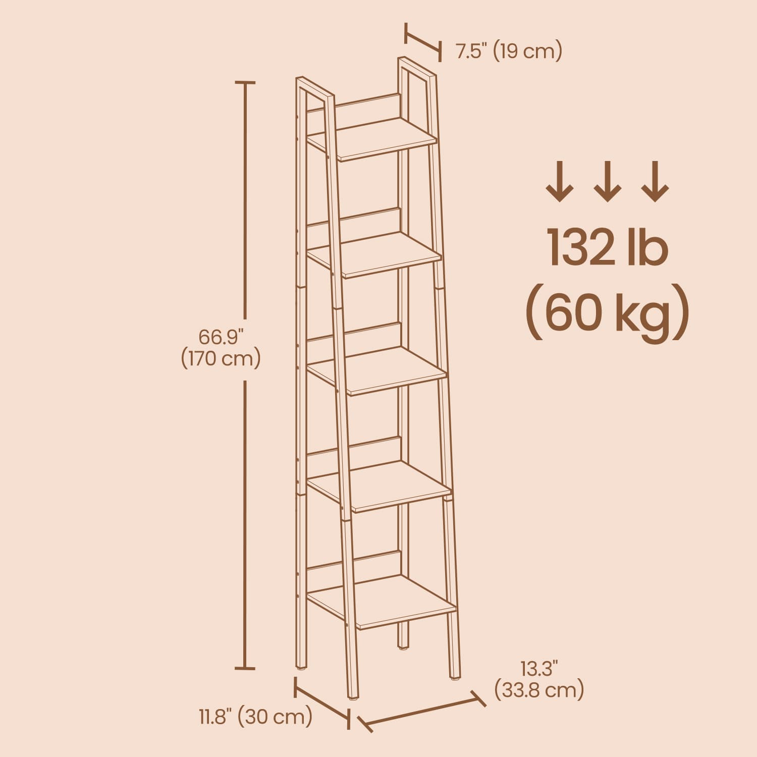 5-Tier Narrow Ladder Bookshelf - Wood - Rustic Brown - Versatile for Home Office