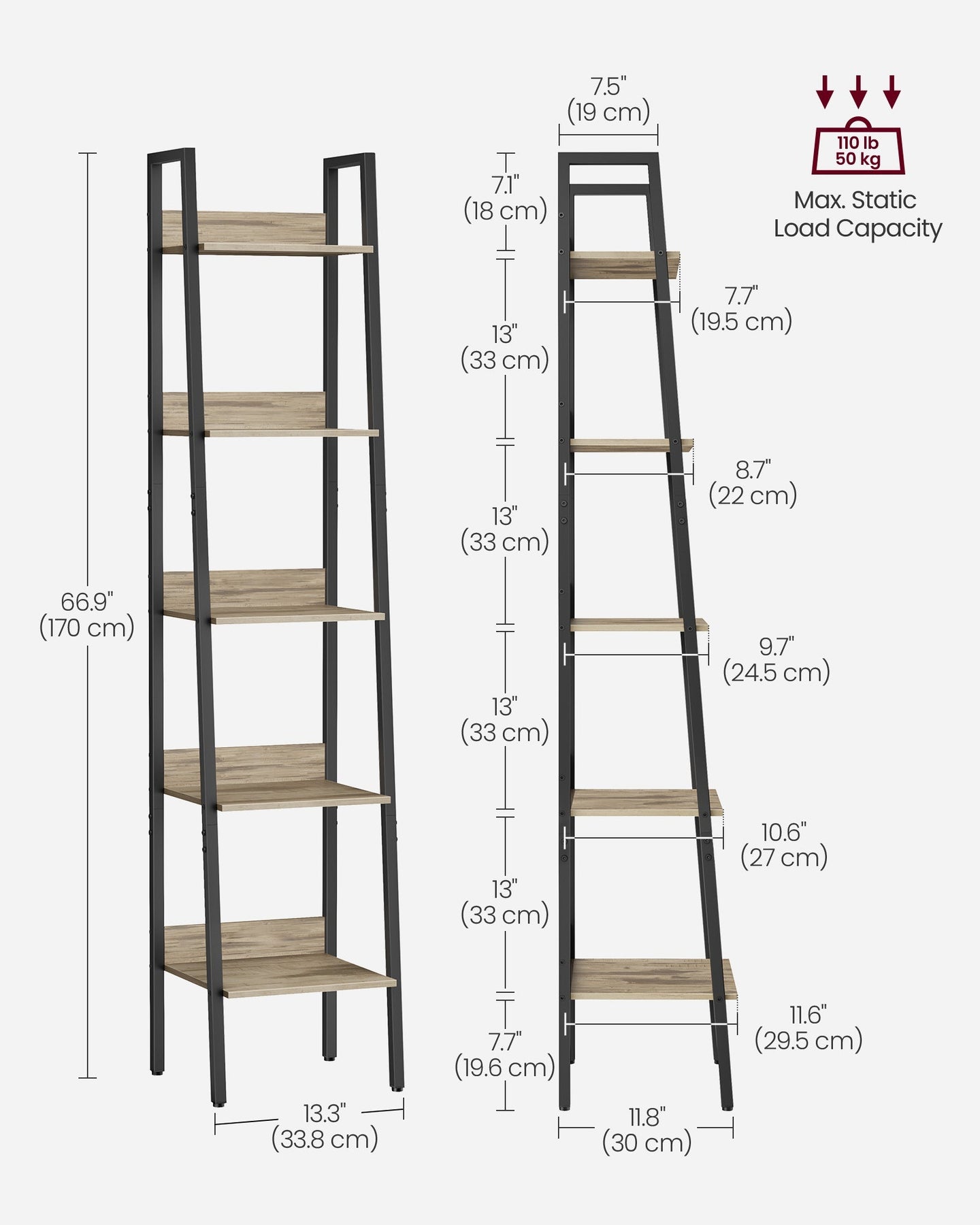 5-Tier Ladder Shelf - Steel Frame - Rustic Brown and Black - Freestanding Storage for Home Office and Living Spaces