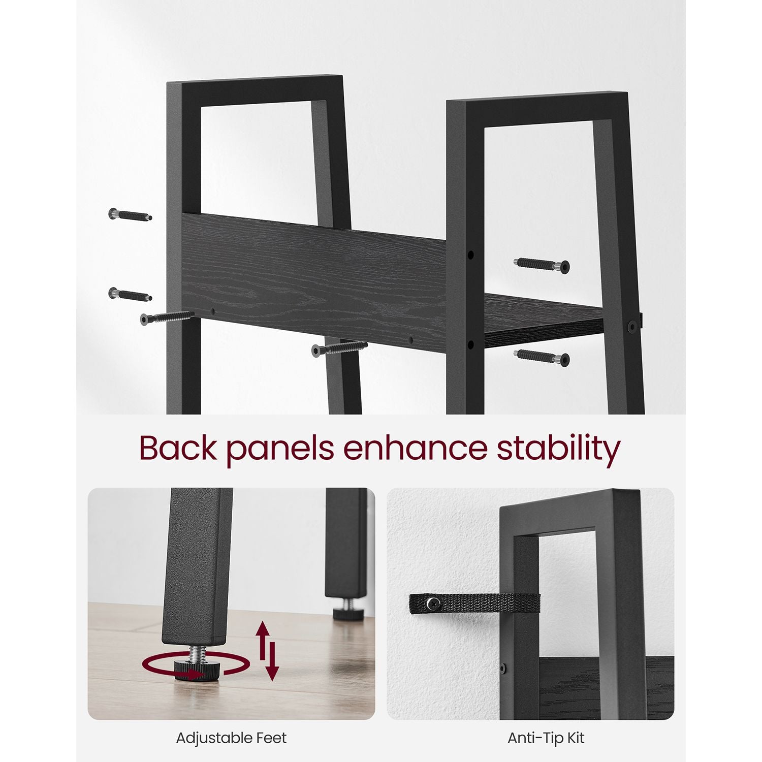 5-Tier Freestanding Narrow Shelf - Steel Frame - Rustic Brown and Black - Easy to Assemble