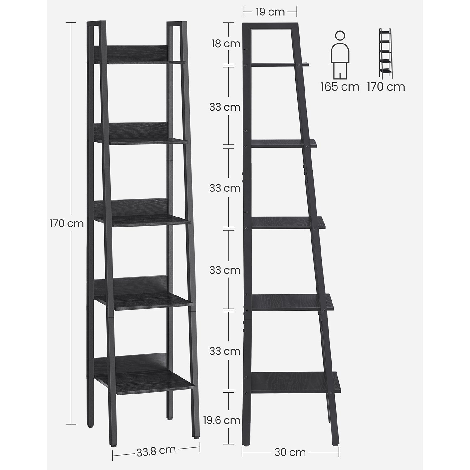5-Tier Freestanding Narrow Shelf - Steel Frame - Rustic Brown and Black - Easy to Assemble